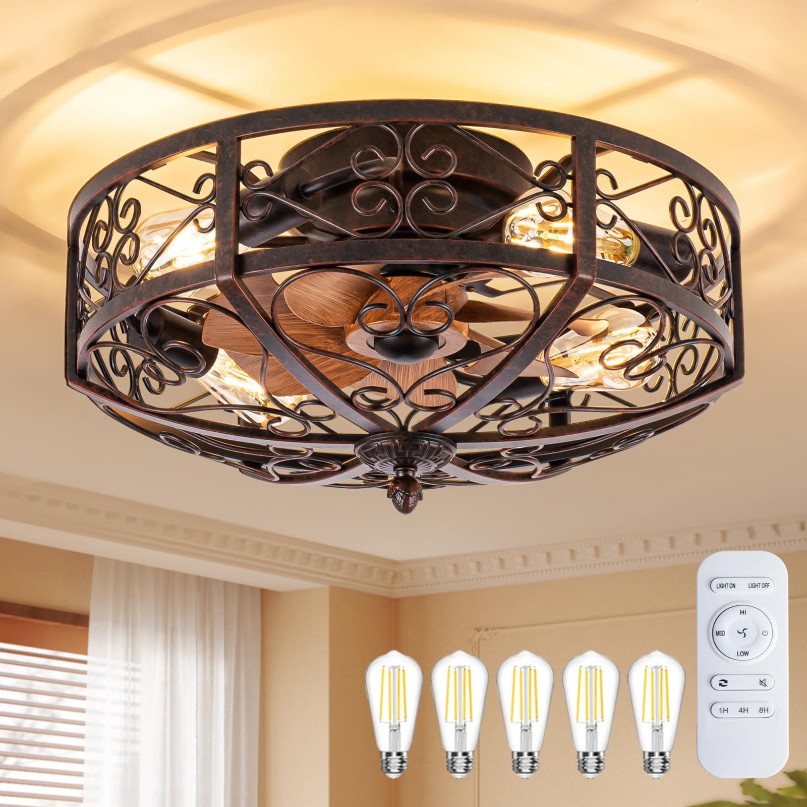 TIFEROR Rustic Ceiling Fan with Light, 20" Modern Enclosed Flush Mount Ceiling Fan with Remote Control, 3 Speeds Reversible Motor, for Hallway, Kitchen, Bedroom (5 E26 Bulbs Included)