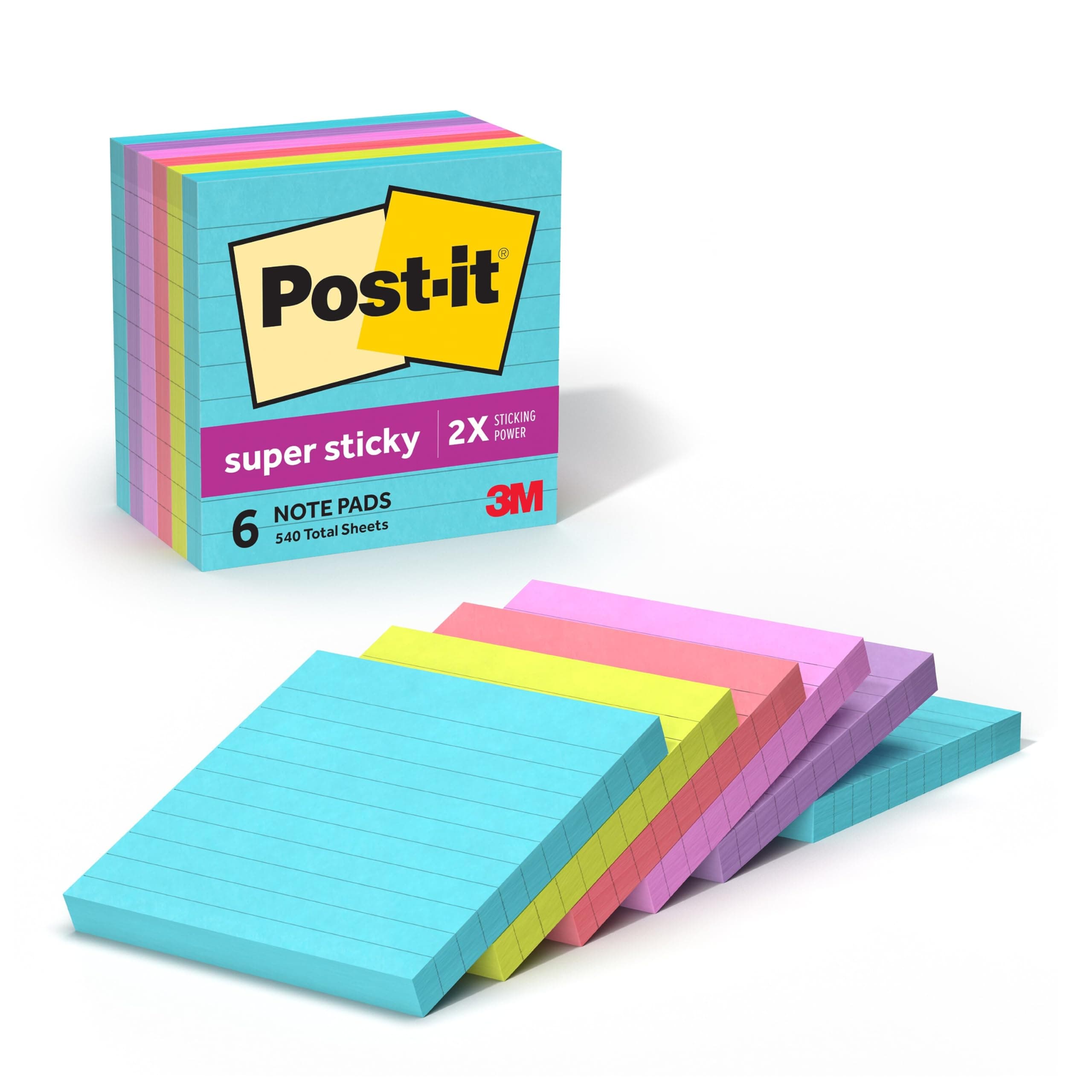 Post-it Super Sticky Notes, 6 Lined Sticky Note Pads, 4 x 4 in., School Supplies, Office Products, 2X the Sticking Power, Supernova Neons Collection