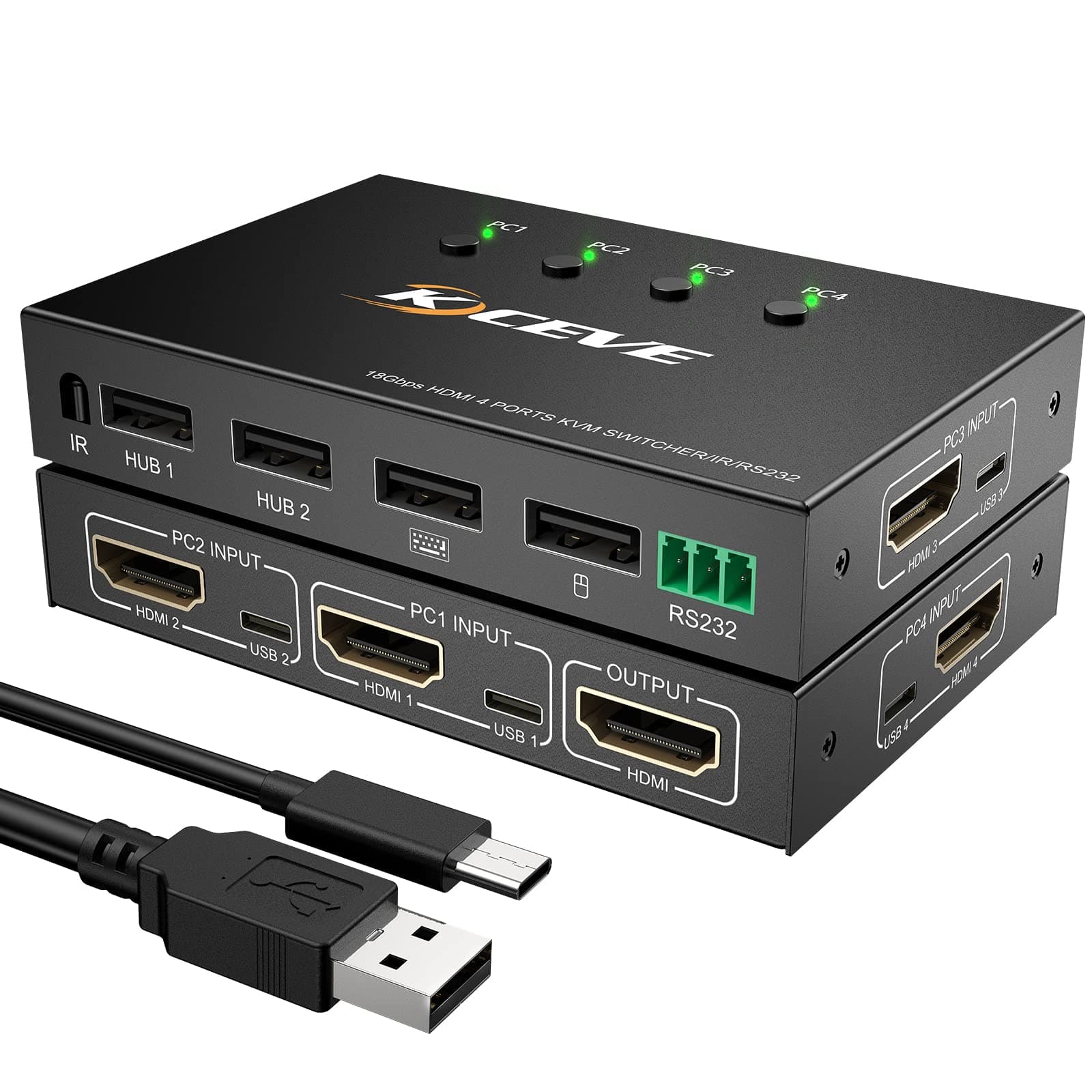 KVM Switch With Serial Port Control, 4K@60Hz 4 In 1 Out HDMI KVM Switcher Box For Share Mouse Keyboard And Monitor, Can Work With Pi-kvm, Compatible With Windows/Linux/Mac System