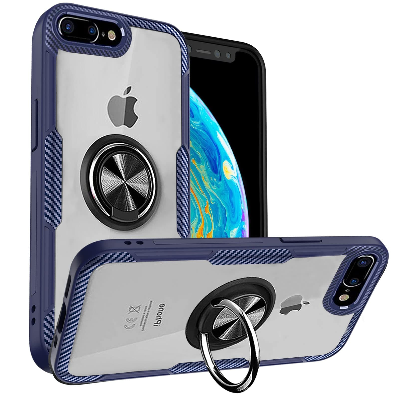 Clear Case for iPhone 8 Plus, Magnetic Kickstand Ring Holder Design, Slim Hard Plastic Back, Full Protective Cover, Compatible with iPhone 7 Plus, Clear Blue