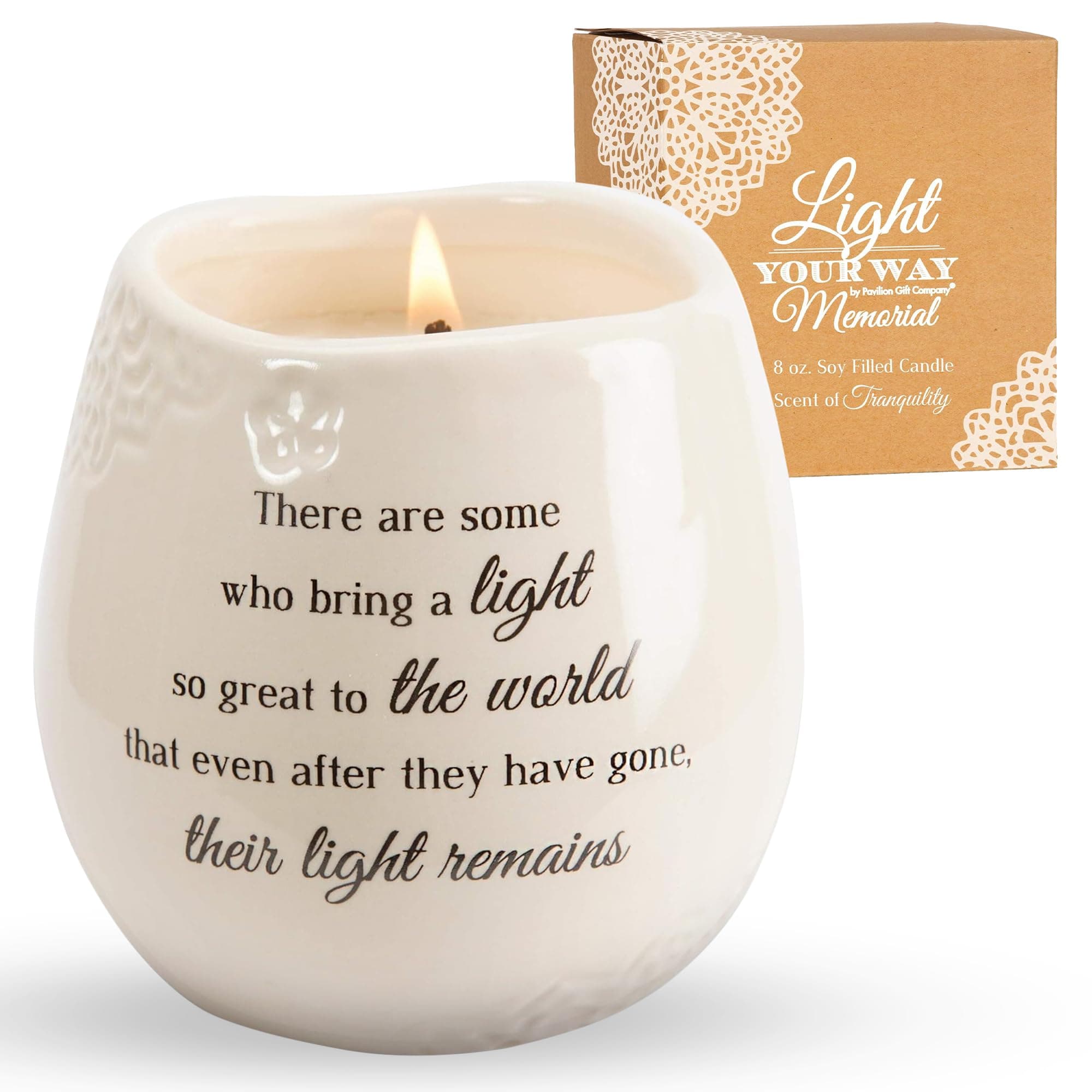 Pavilion Gift Company - 'In Memory, Light Remains' 19176 - White Ceramic Candle with Soy Wax in a Delicate Jasmine Scent, Thoughtful Sympathy, Remembrance, and Condolence Gift - 8 Ounces