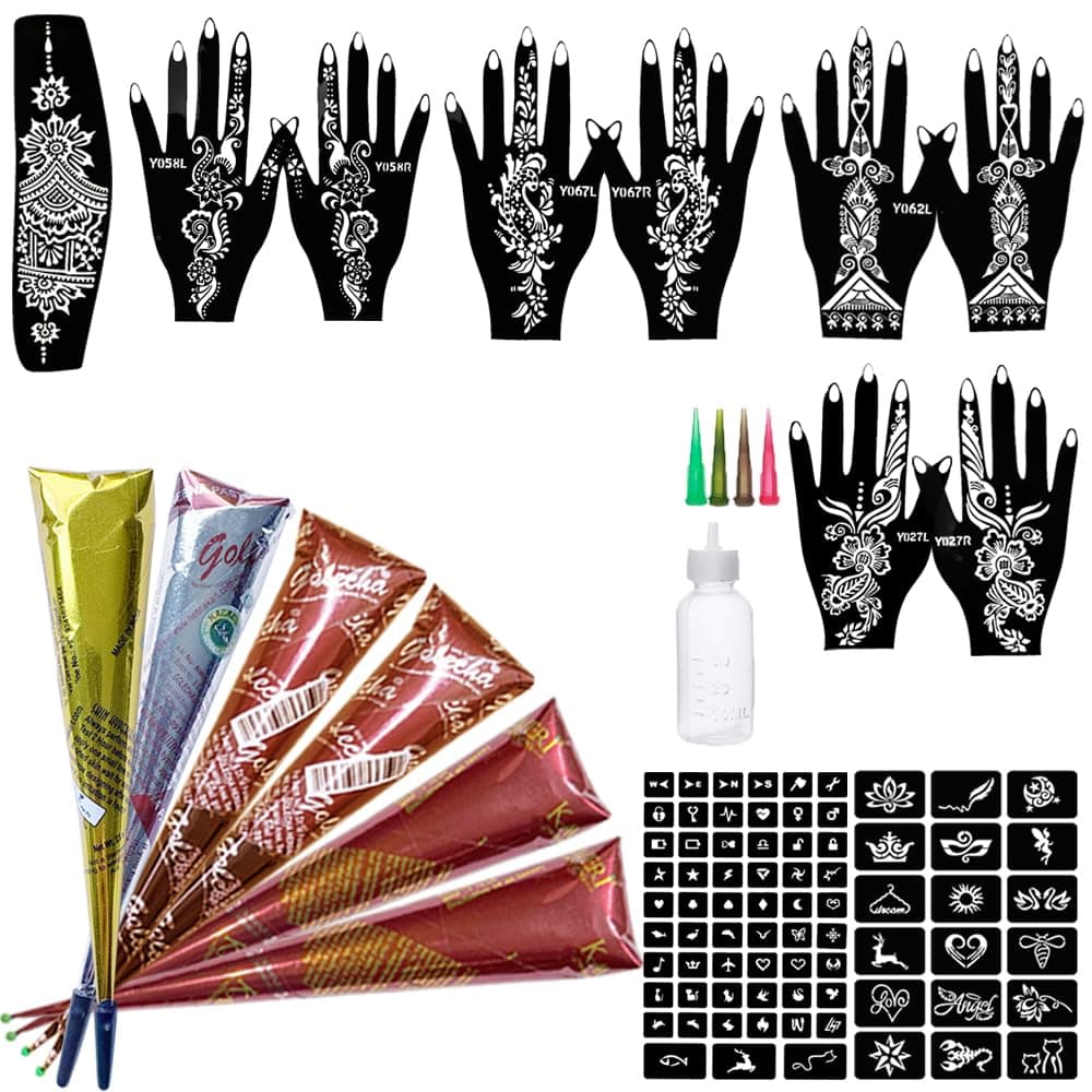 11 Sheets total 84 Tattoo Patterns, 6 Pcs 3 Color (Brown Black Maroon) Temporary Tattoo Kit, Tattoo Stencils Kit