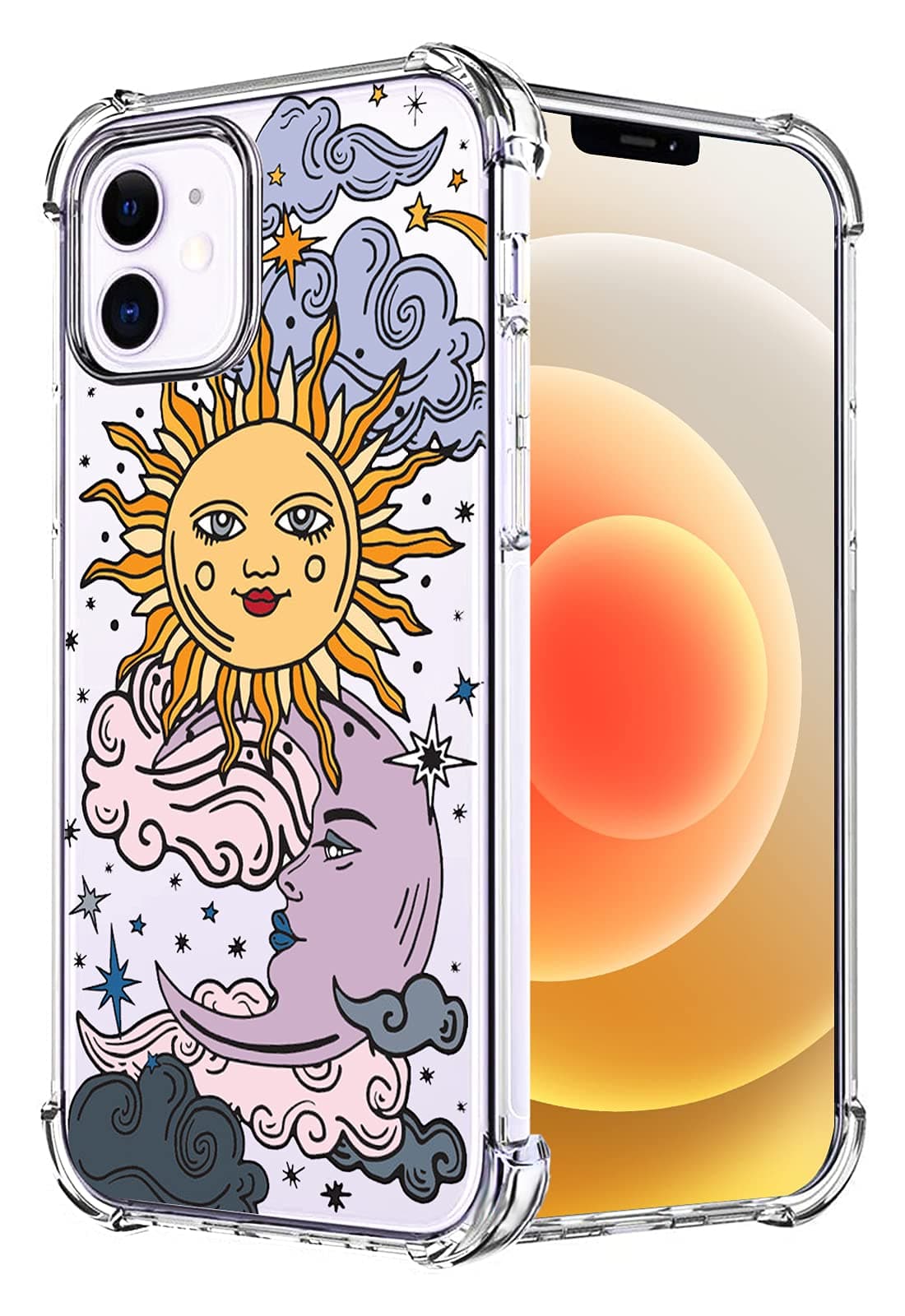 Sun Moon Design Clear Case Compatible for iPhone 12 and 12 Pro, Star Cloud Girls and Women Back Case Cover, Cute Cartoons Transparent Soft TPU Bumper Shockproof Protective Phone Case
