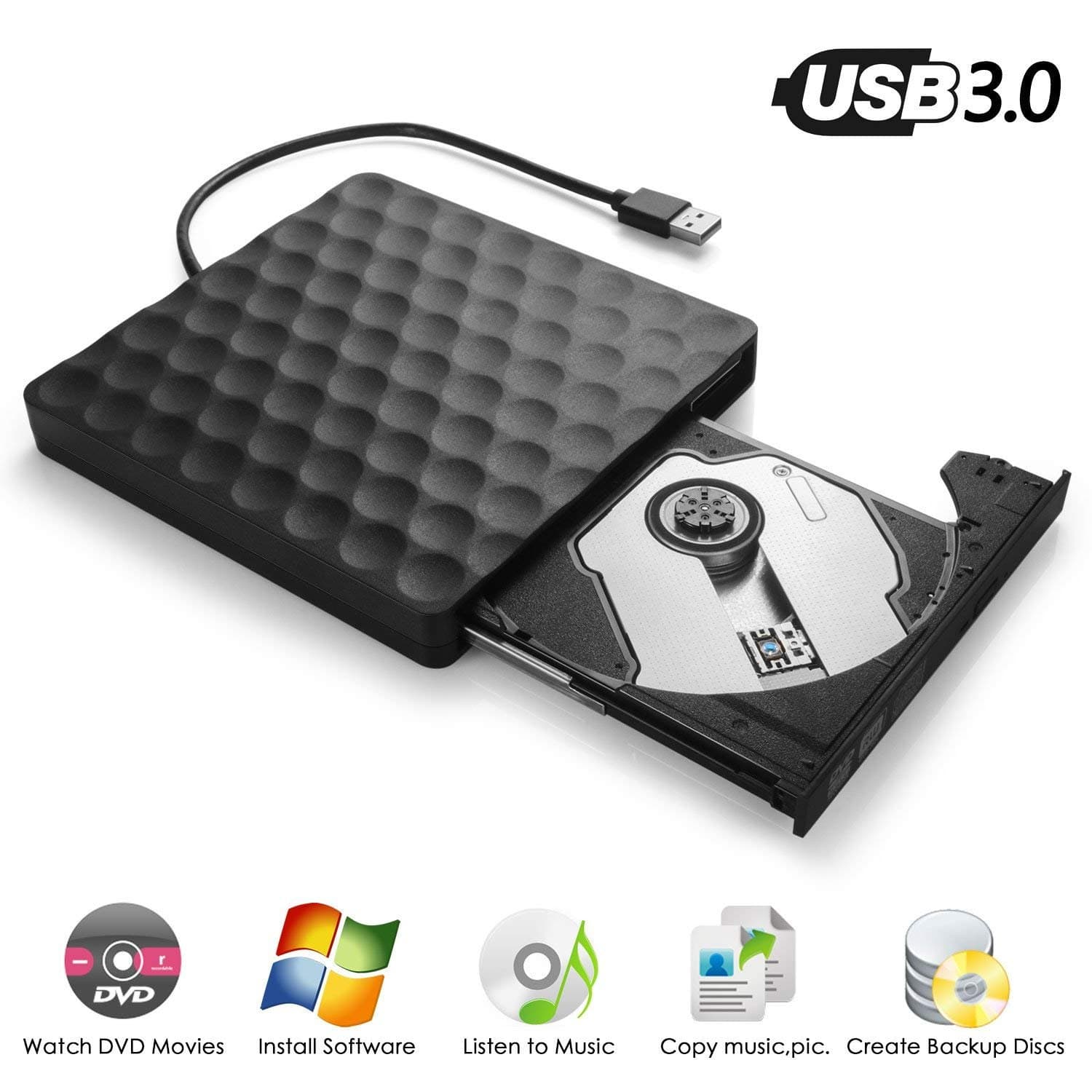 External DVD CD Drive, InThoor USB 3.0 Portable DVD CD Burner/Writer/Rewriter with High Speed Data Transfer for Laptop Desktop Support Windows XP/7/8/10/Vista/Mac OS
