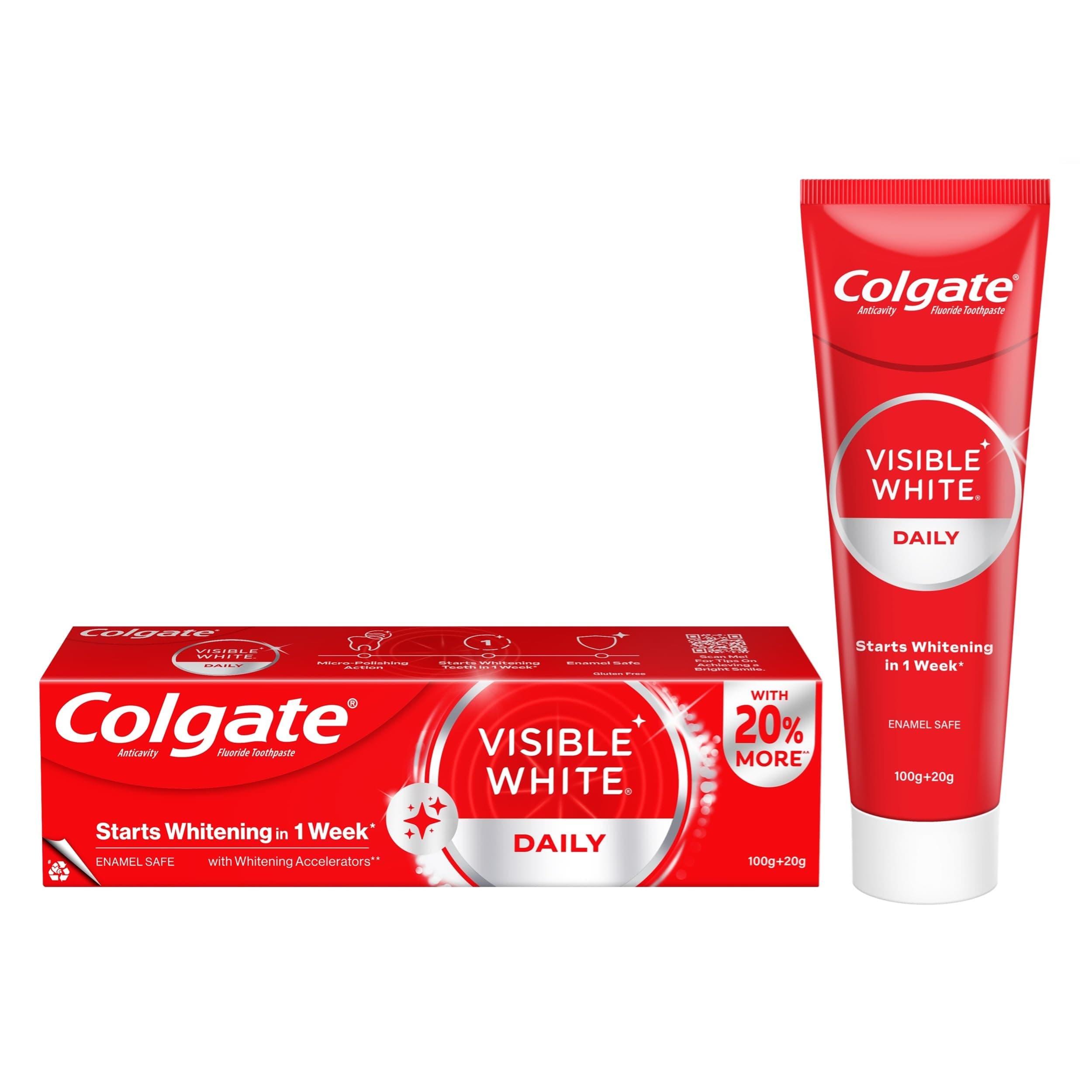 Visible White Toothpaste, Teeth Whitening Starts in 1 week, Safe on Enamel, Stain Removal Tooth Paste and Minty Flavour for Fresh Breath (100g + 20g)