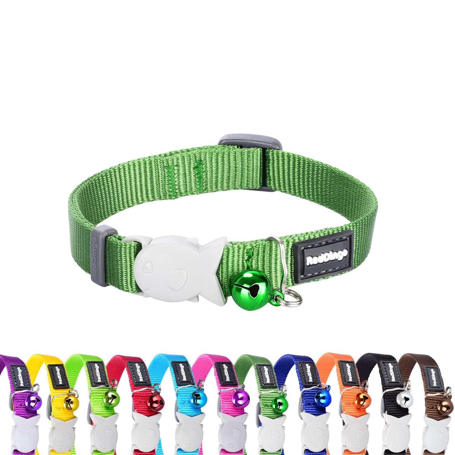 Red Dingo Classic Safety Release Breakaway Premium Cat Collar – Adjustable One Size Fits All with Soft Nylon Webbing, 4.4lb Safety Release Fish Clip, Stainless Steel D-Ring, Wildlife Bell – Green