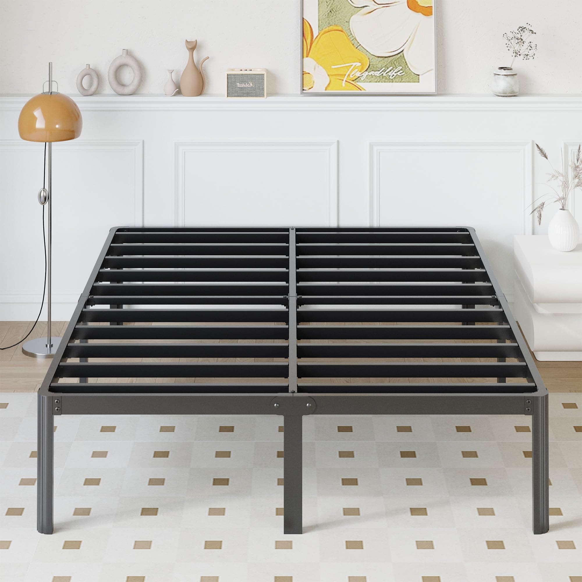 14 Inch California King Bed Frames No Box Spring Needed, Heavy Duty Cal King Metal Platform Bed Frame with Rounded Corner Legs, Easy Assembly, Noise Free, Black