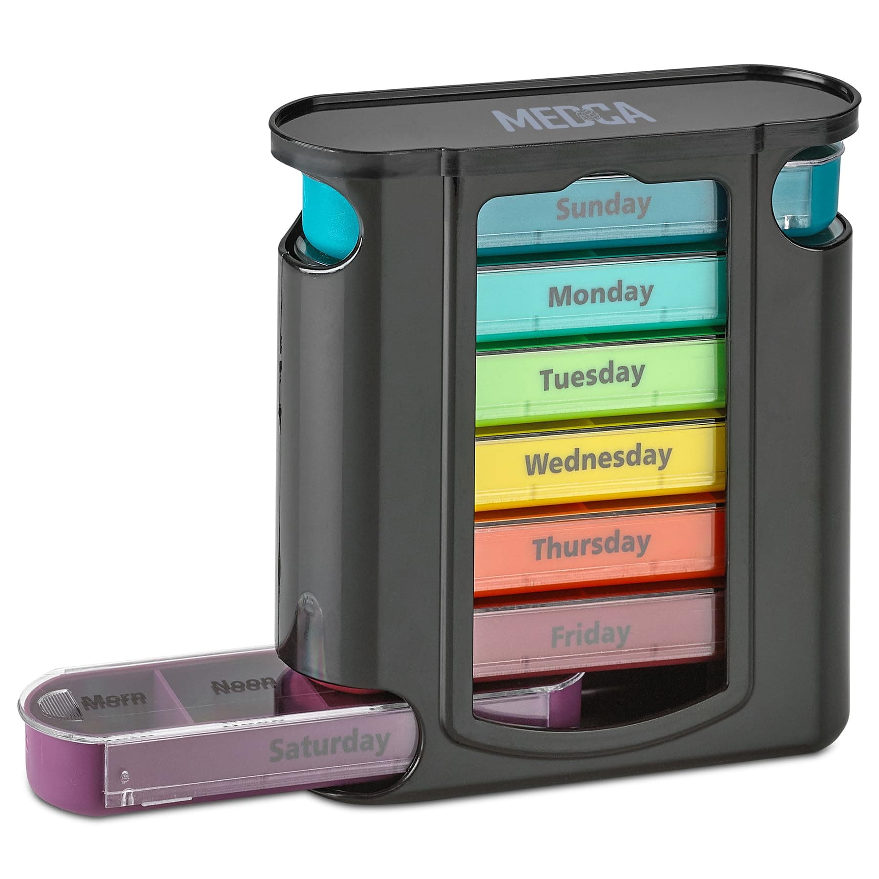 MEDca Weekly Pill Organizer, 1 Dispenser, 7 Stackable Compartments Four Times-a-Day - Morning, Noon, Evening, and Bedtime, Black