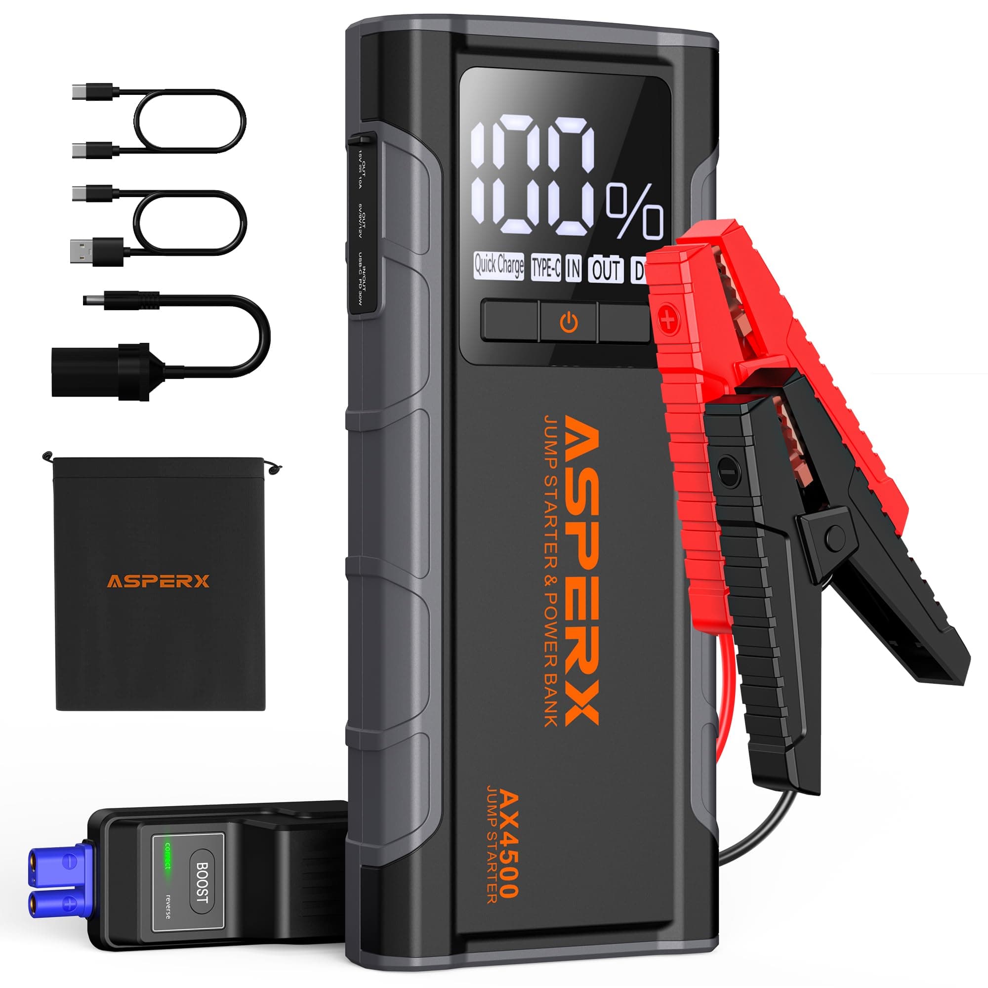 AX4500 Jump Starter, 4500A Peak Car Jump Starter for Up to All Gas and 10.0L Diesel Engines, 12V Battery Starter with 4 Inch LCD Display, Lithium Battery Booster with Built-in LED Light