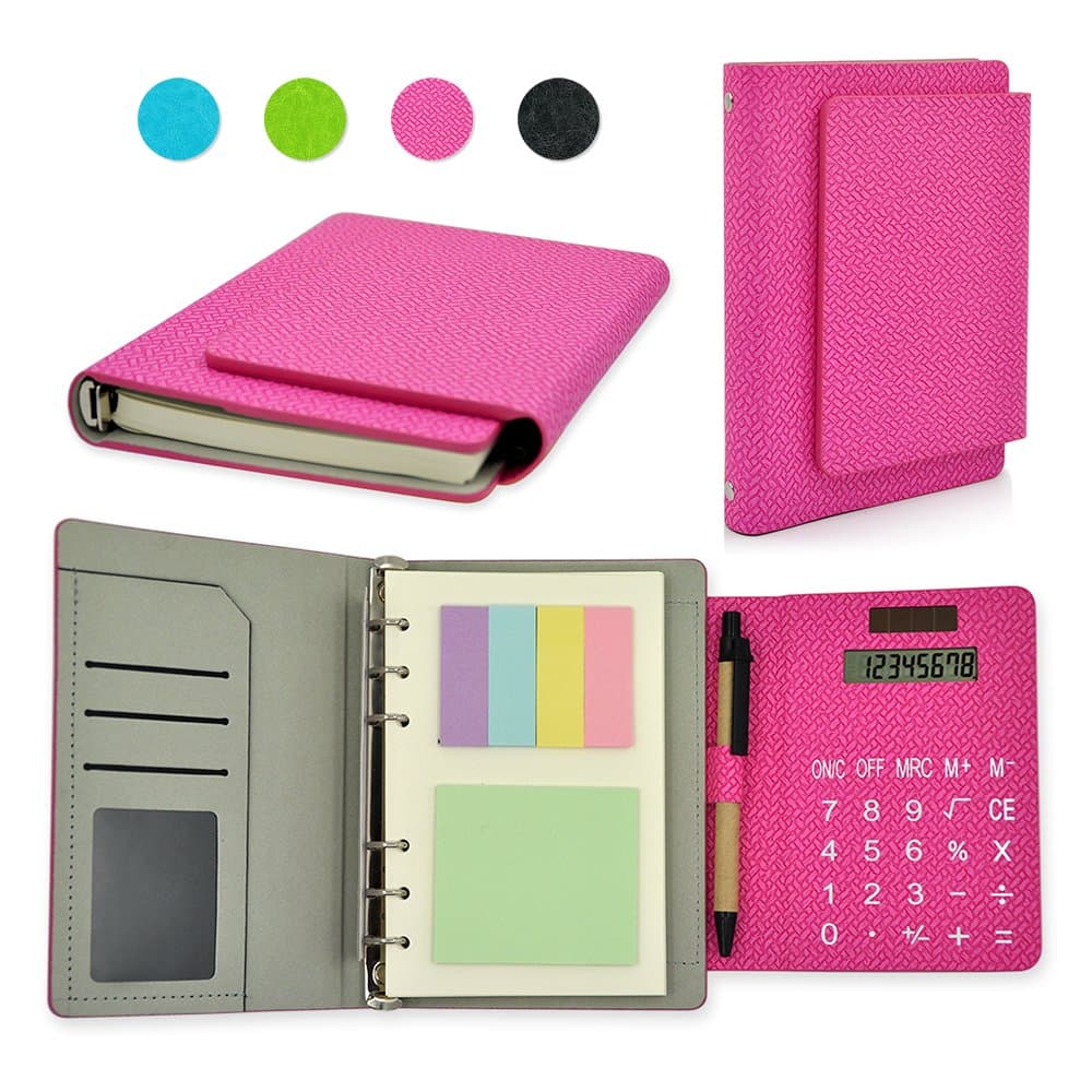 Back to School Woven Pattern Leather 6 Ring Binder Office Business Notebook Multifunction Diary Memo Books with Calculator and Sticky notes in 7"(7 1/4"x5 1/2"x1 1/4")