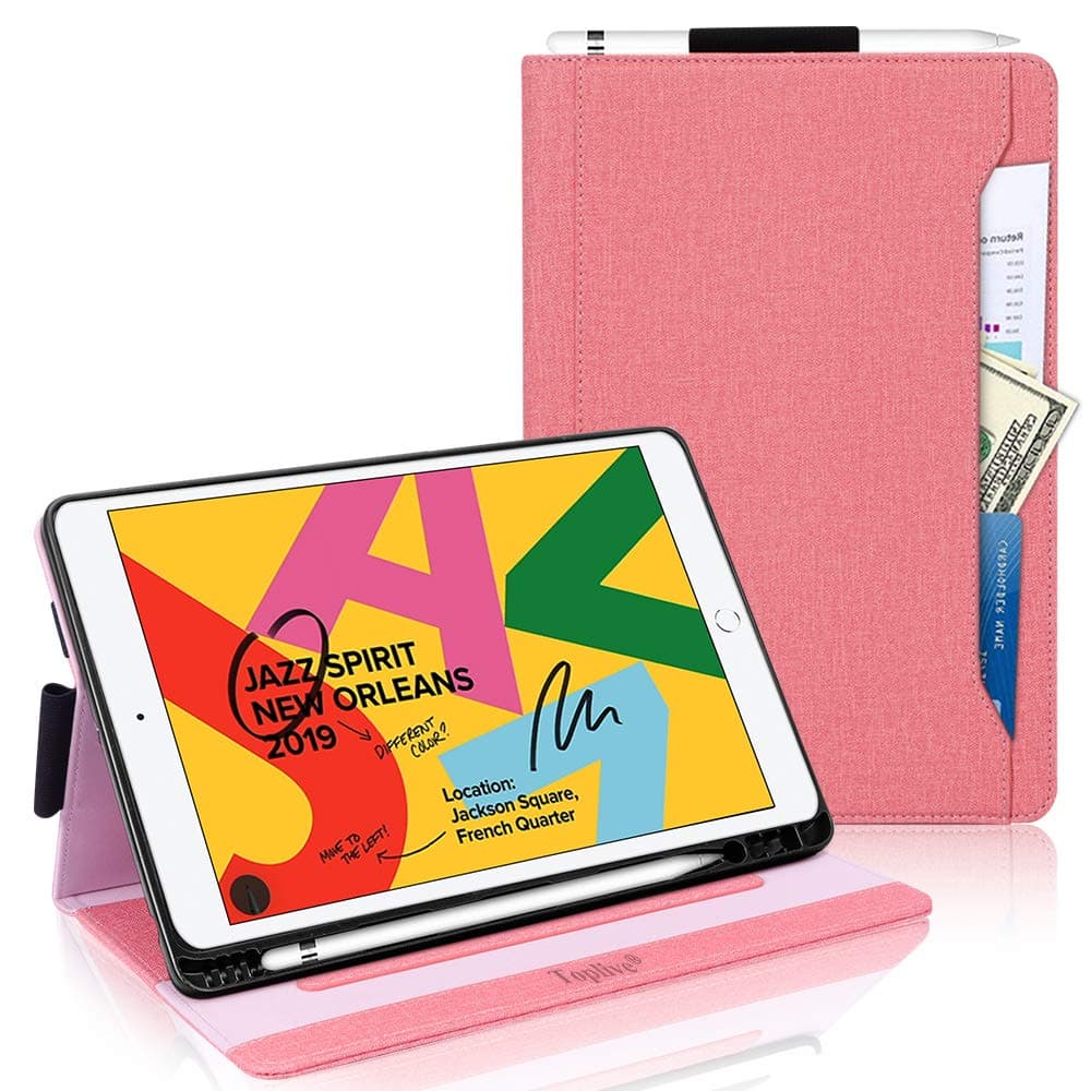 New iPad 10.2 Case 2020 iPad 8th Generation Case / 2019 iPad 7th Generation Case,Toplive Canvas Stand Folio Case Cover with Apple Pencil Holder,Auto Sleep/Wake and Multiple Viewing Angles,Pink