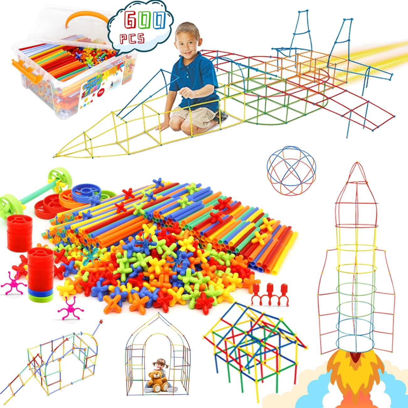 Straw Constructor Toys 600Pcs STEM Building Toy Interlocking Plastic Engineering Thin Tube Blocks Educational Kit for 3 4 5 6 7years Kids Boys and Girls Gift Preschool Toy with Storage Box