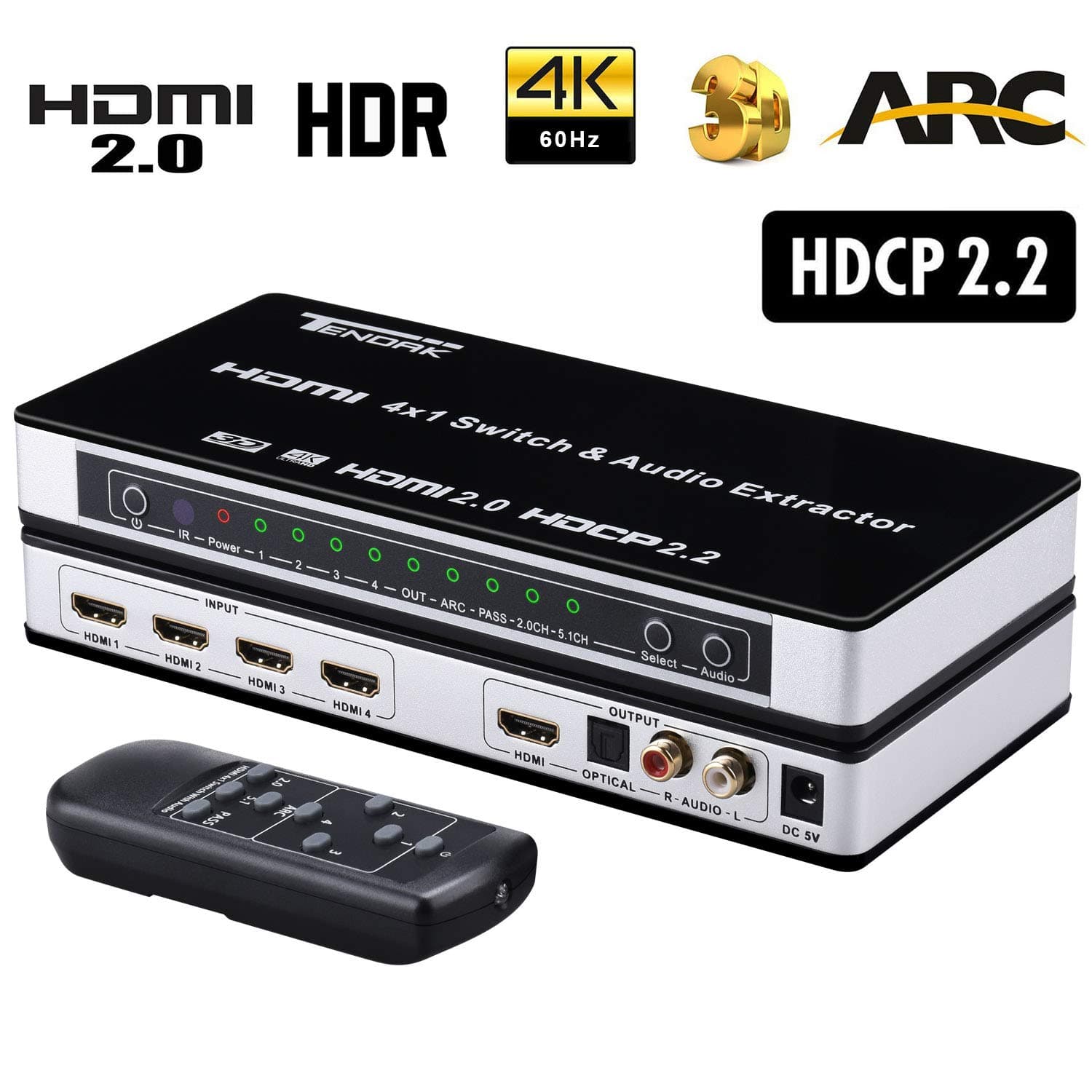4K HDMI Switch, Tendak 4 Port HDMI 2.0 Switch Box 4x1 HDMI Switcher + Optical Toslink L/R Audio Extractor with IR Remote Support Ultra HD 4K@60Hz HDCP 2.2 ARC 3D for PS4, Xbox One, Blu-ray DVD
