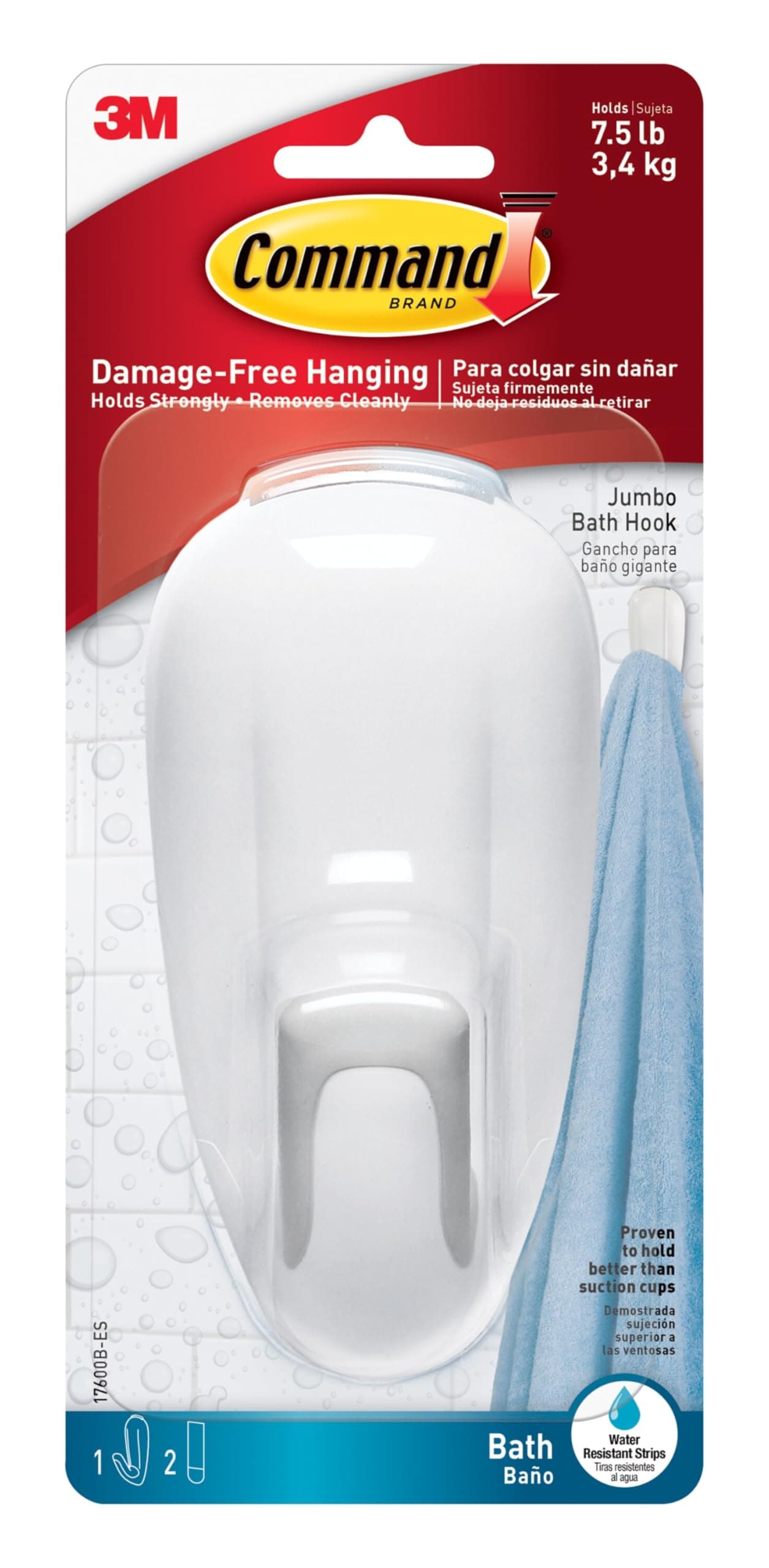 Bathroom Hook with Water-Resistant Strips, 1-Hook, 2-Strips, Organize Damage-Free