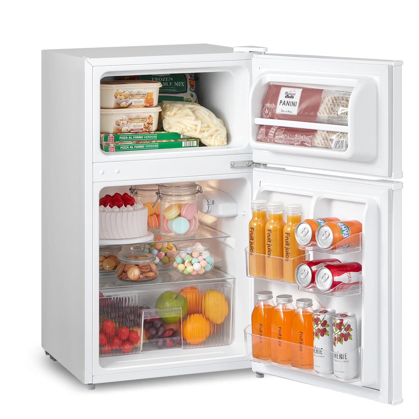 RCT87WH2(E) Under Counter Fridge Freezer, 87L Small Fridge Freezer with Light, Removable Shelves, Adjustable Thermostats, Reversible Doors, White