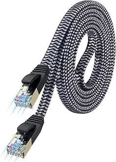 Cat 7 Ethernet Cable 25ft - Nylon Braided Flat High Speed Internet Cable LAN Cable Shielded Fast and Stable Ethernet Cord for Home and Office