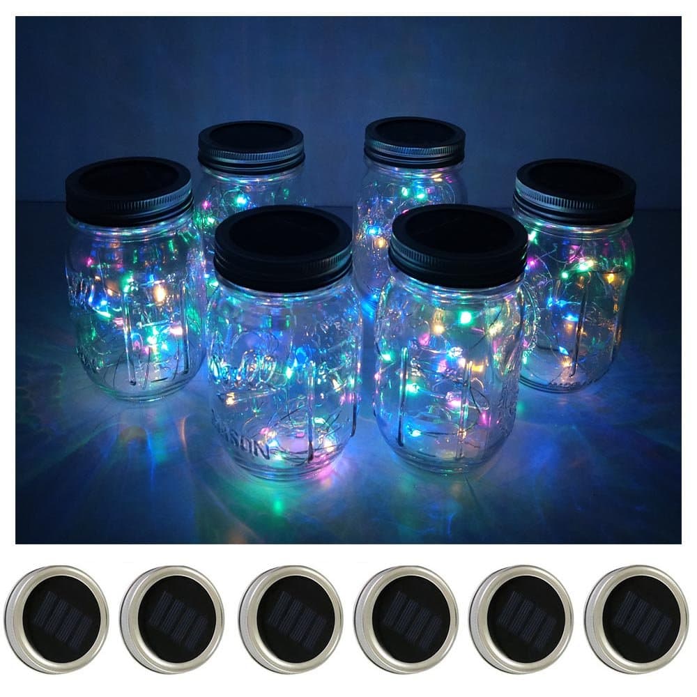 Decorman Solar Mason Jar Lid Lights, 6 Pack 10 LED Waterproof String Fairy Star Firefly Jar Lids Lights for Patio Garden Yard Lawn Party Wedding Christmas Decoration(Jars & Hangers Not Included)