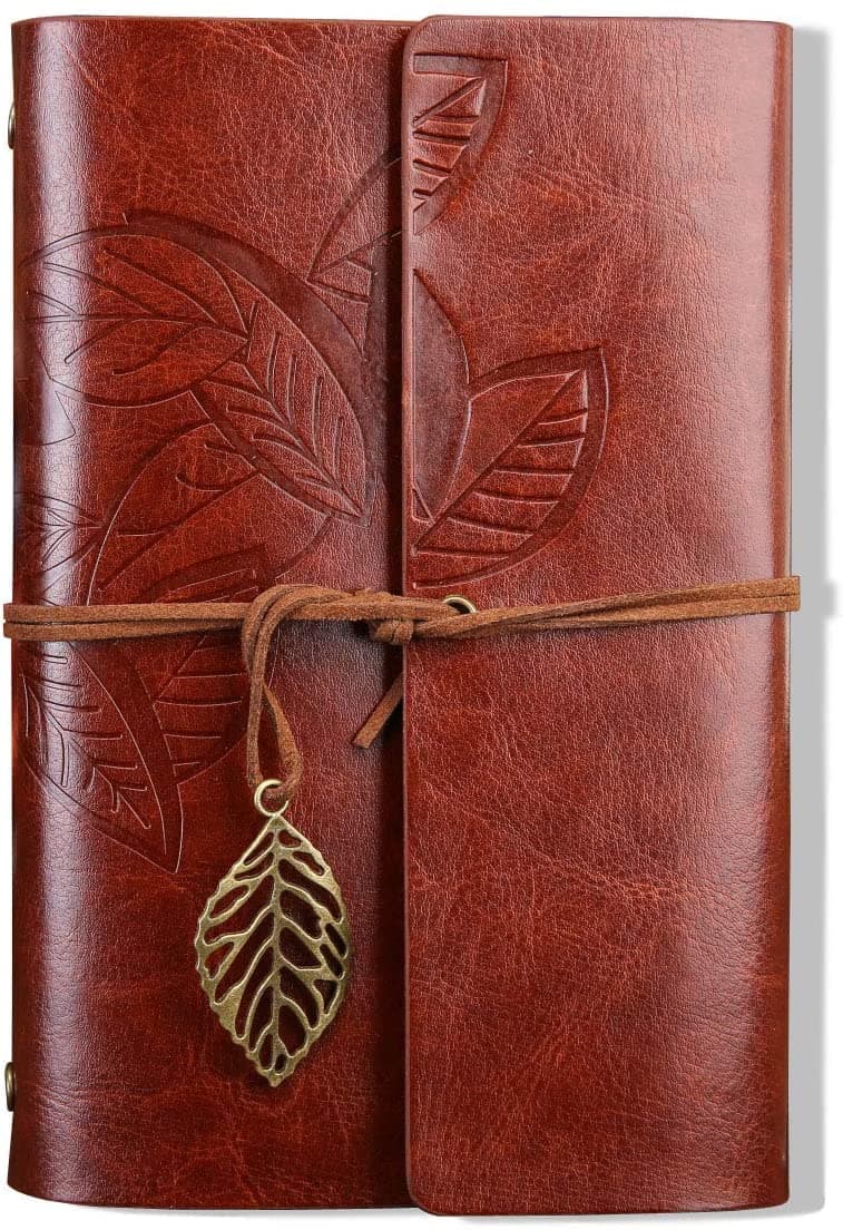 RIANZ Leather Leaf Print Writing Notebook, Handmade Vintage Notebook Journal for Men & Women Art Sketchbook Travel Diary (Light Brown)
