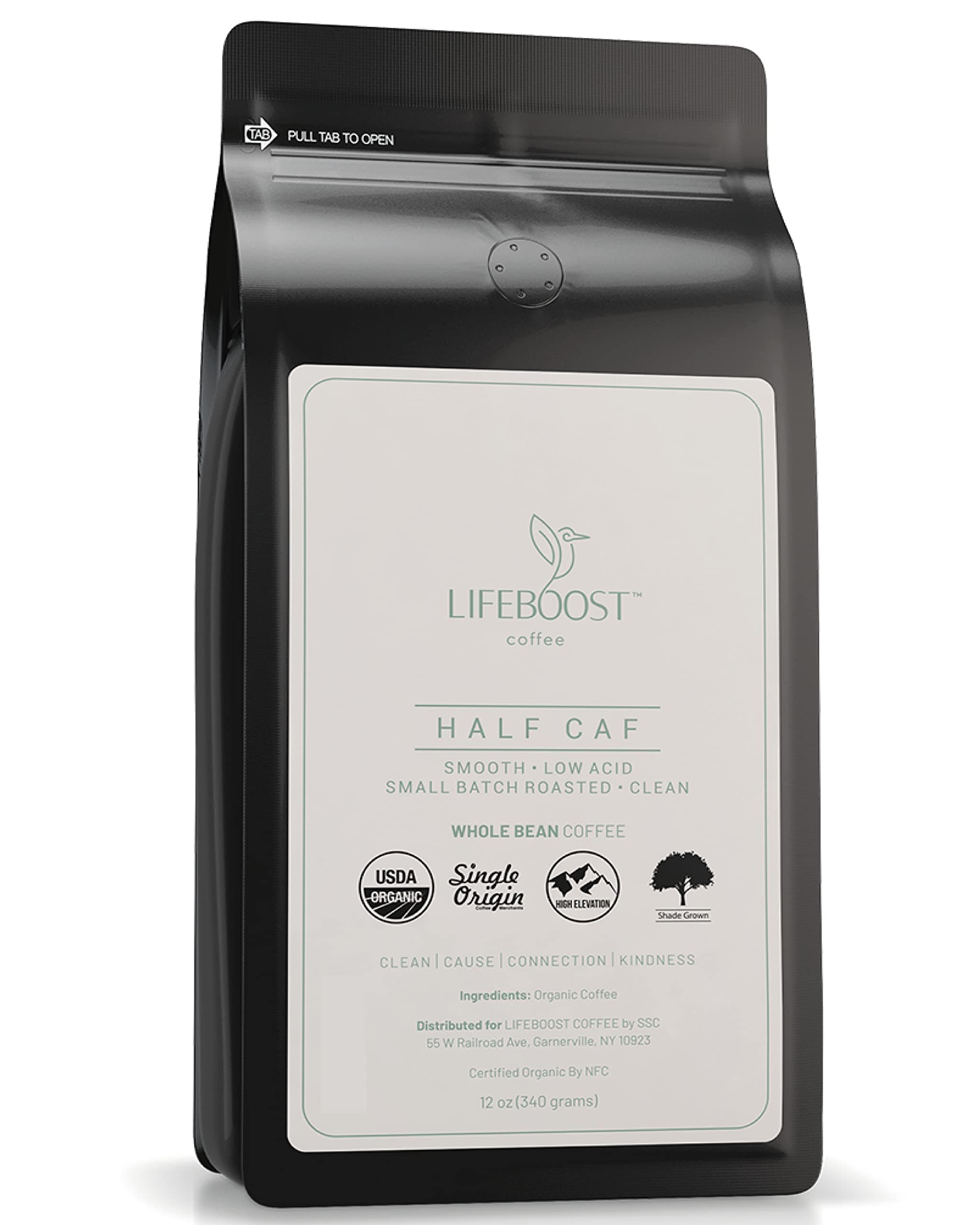 Lifeboost Half Caff Medium Roast Whole Bean Coffee - Low Acid Organic Coffee, Non-GMO, USDA Organic, Single Origin, Third-Party Tested for Mycotoxins & Pesticides - 12 oz Bag