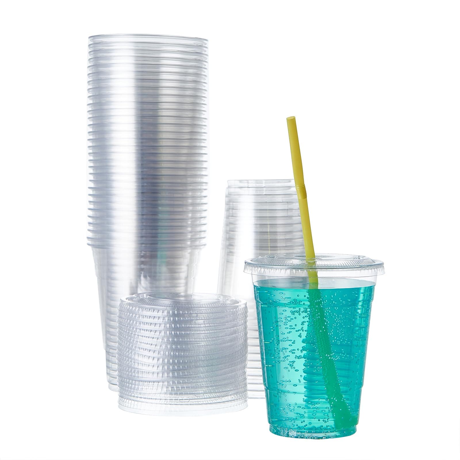 FULING Clear Plastic Cups With Lids Disposable Cups for Iced Drinks Coffee Tea Smoothie Bubble Boba [100 Sets -16 oz.]