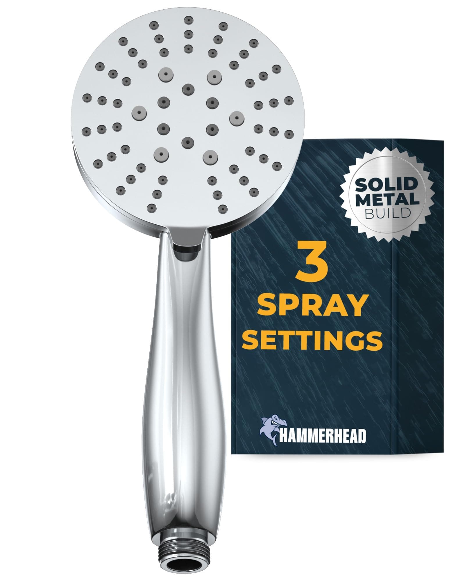 HammerHead Showers® Solid Metal 3-Spray Hand Held Shower Head, Chrome | Select from Wide, Massage, and Mist Sprays | 2.5 GPM High Flow Handheld Showerhead | Made from 304 Stainless Steel