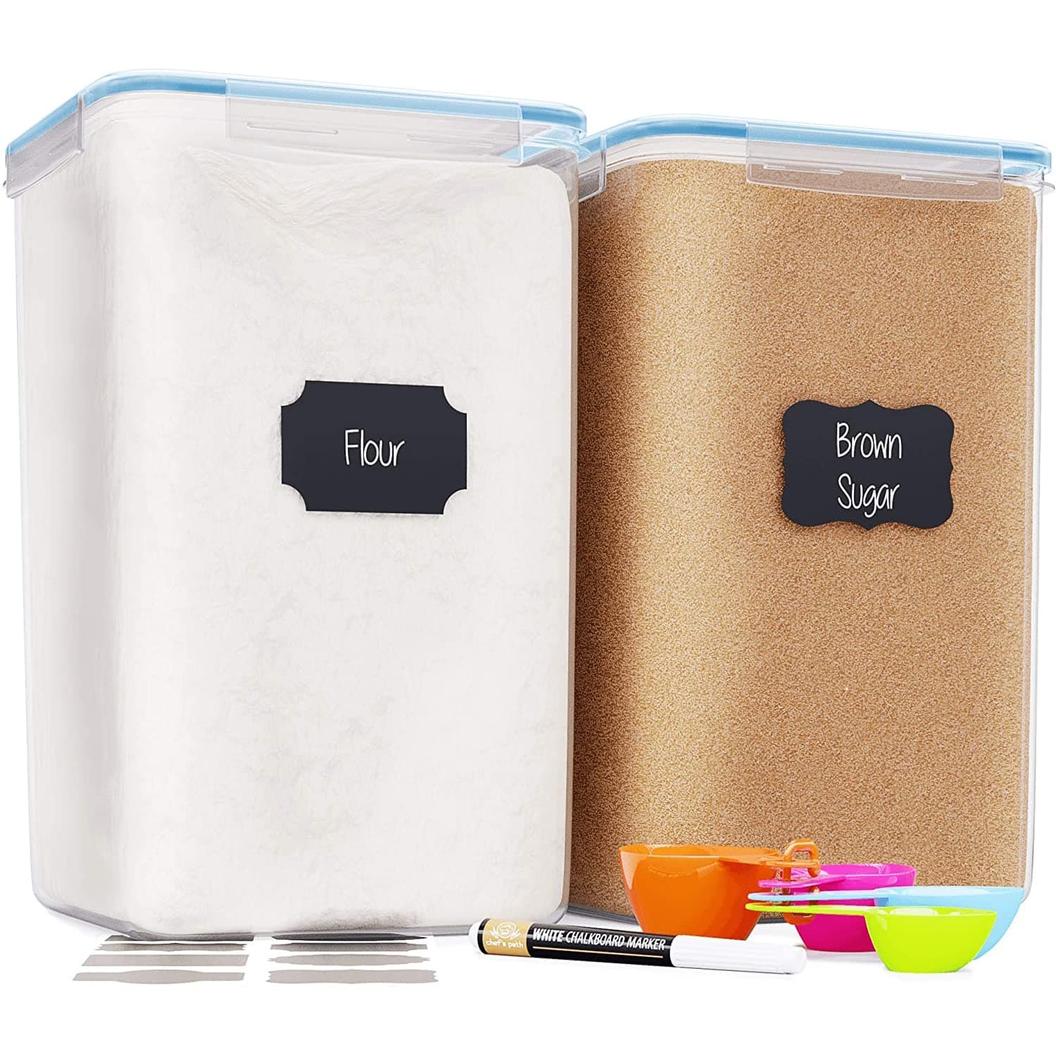 Chef's Path Extra Large Airtight Flour and Sugar Storage Containers with Lids, Set of 2, 6.5L Pantry Canisters for Bulk Flour and Sugar Storage - Transparent