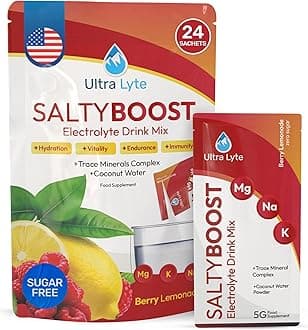 Electrolytes Drink Mix - Sugar-Free Salty Berry Lemonade Powder - 24 Sachets with High Sodium, Trace Minerals, and Coconut Water - Hydration for Training, Rehydration, and Wellness