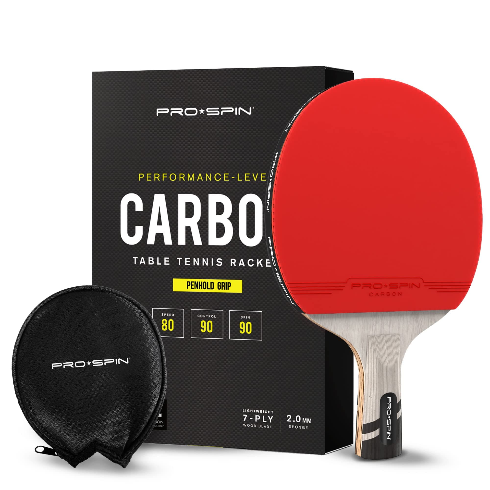 PRO SPIN Pro-Spin Ping Pong Paddle With Carbon Fiber | Penhold Grip | 7-Ply Blade, Offensive Rubber, 2.0Mm Sponge, Premium Storage Case | Performance-Level Table Tennis Racket