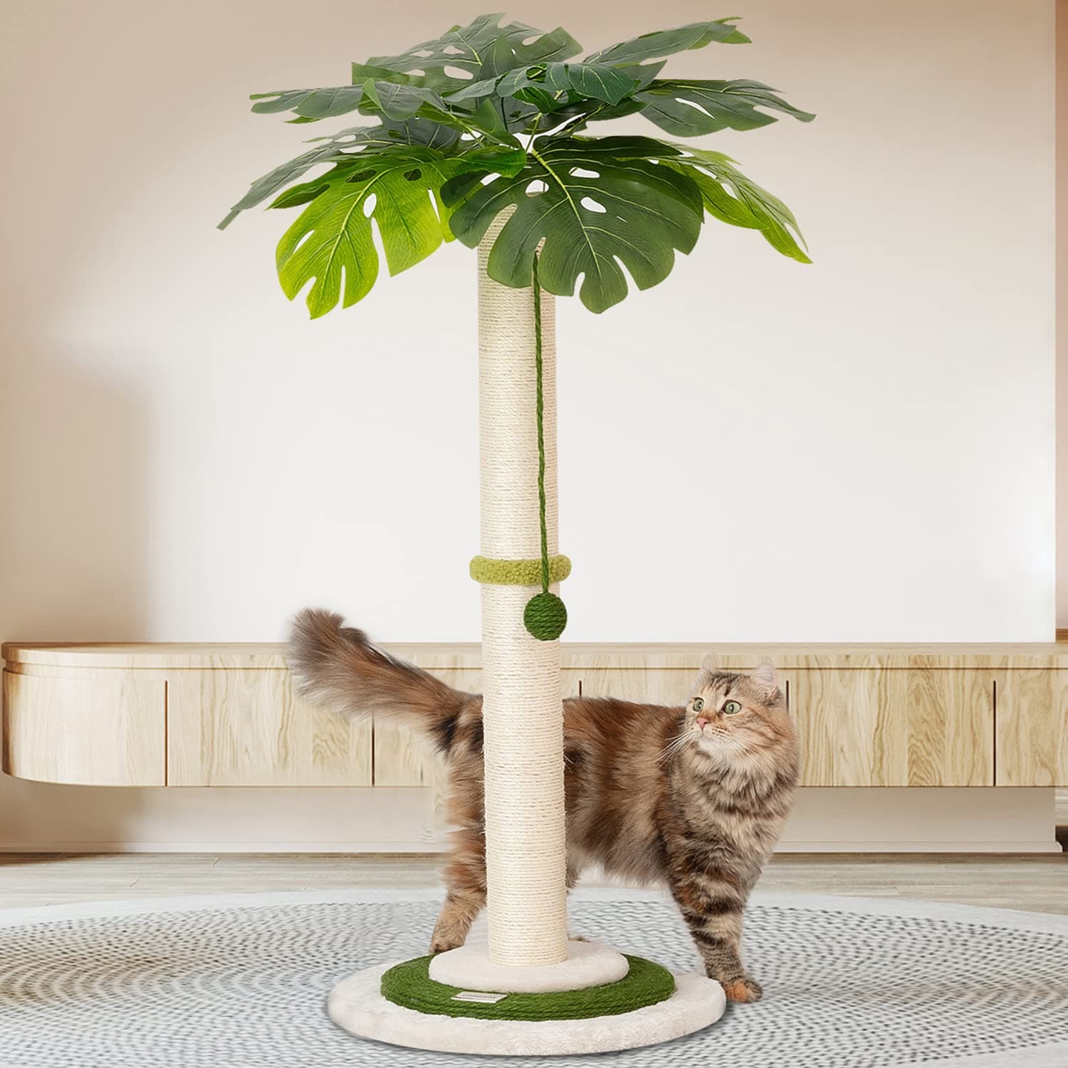 Meowoou Cat Scratching Post for Space-Saving,35” Tall Modern Monstera 3 Layer Cat Tree Tower with Sisal Rope Hanging Interactive Ball for Indoor Cats and Kitten Climbing,Play & Rest