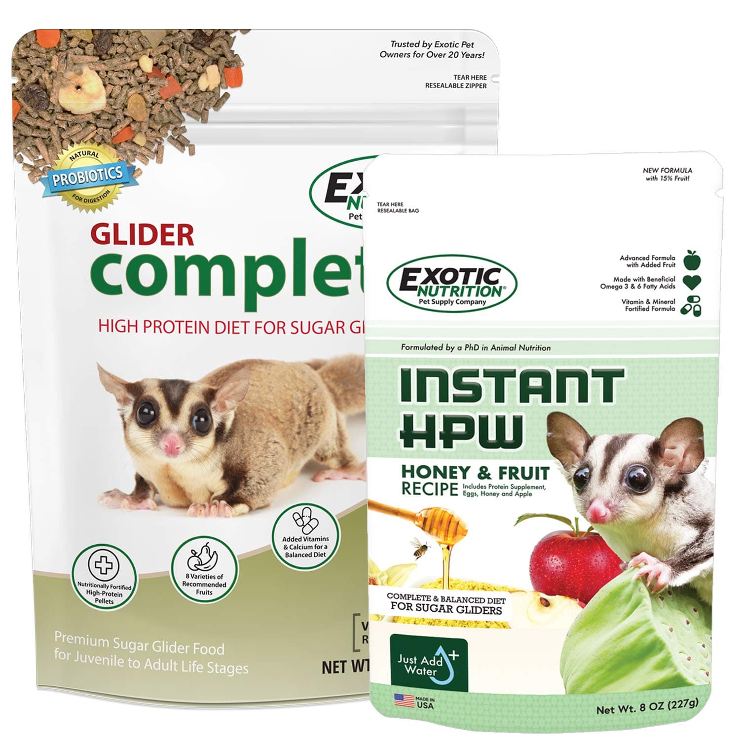 Exotic Nutrition Sugar Glider Complete Food Starter Package - Nutritionally Complete Pellet Diet & High Protein Supplemental Food for Sugar Gliders… (2 Piece Set)