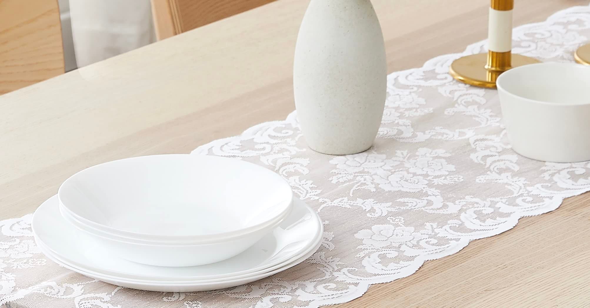 LINENZONE White Table Runner with 2 Tassels for Rustic Vintage Decor. Lace Table Runner Works Great As Wedding Table Runner, Thanksgiving Table Runner, Christmas Table Runner (Mia 14 x 36, White)