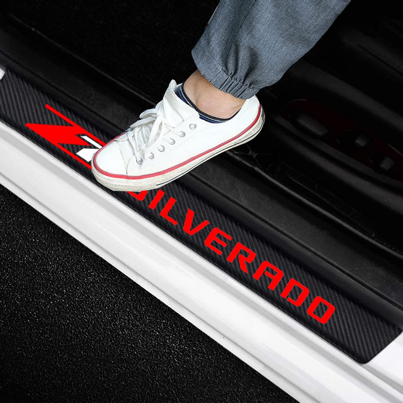 Winover 4Pcs for Chvey Silverado Door Sill Protector Reflective 4D Carbon Fiber Sticker Decoration Door Entry Guard Door Sill Scuff Plate Stickers Accessories (for Silverado)…