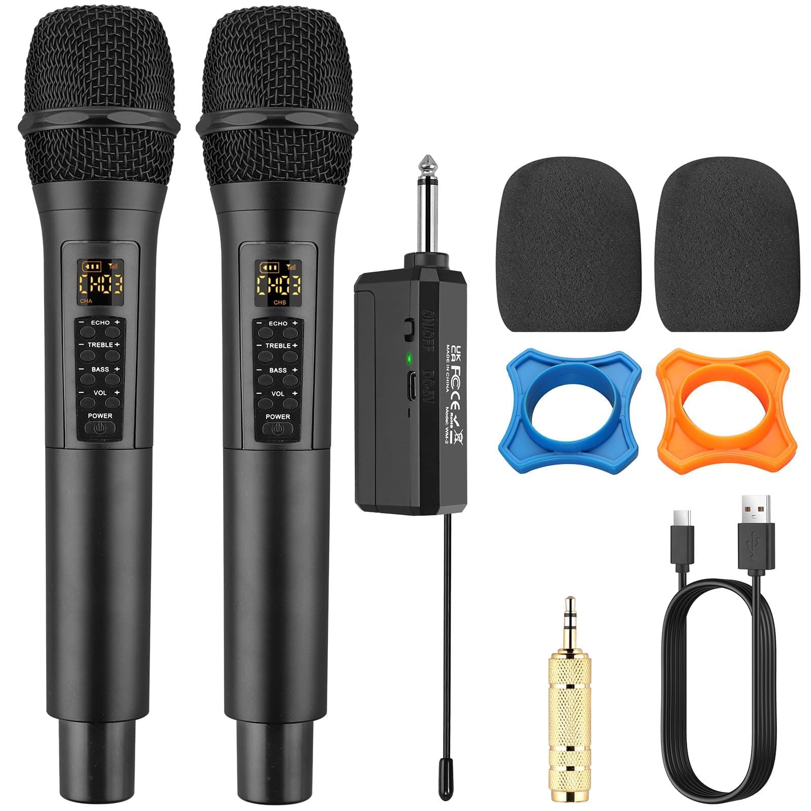 PROZOR Wireless Microphone with Volume Treble Bass Echo Control, Dual UHF Wireless Handheld Dynamic Mic System with Rechargeable Receiver for Karaoke Machines, DJ, Singing, Church, Weddings etc