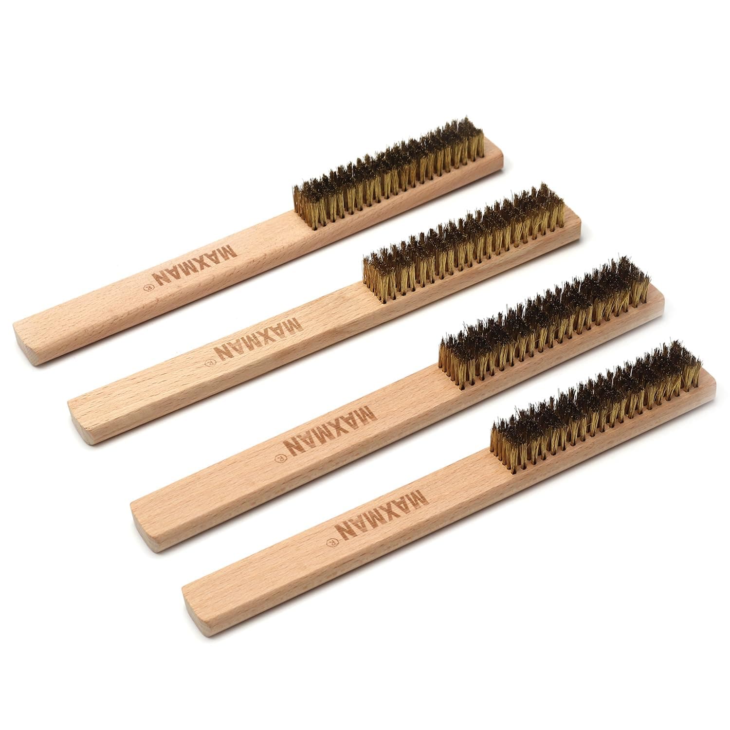 MAXMAN Brass Brush Set 4Pcs, Soft Brass Bristle Wire Brushes with 10 Inch Natural Beechwood Handle, Metal Brush, Wire Brush for Cleaning Rust, Metal Surface, Kitchen, Automotive, Welding, Removes Lint