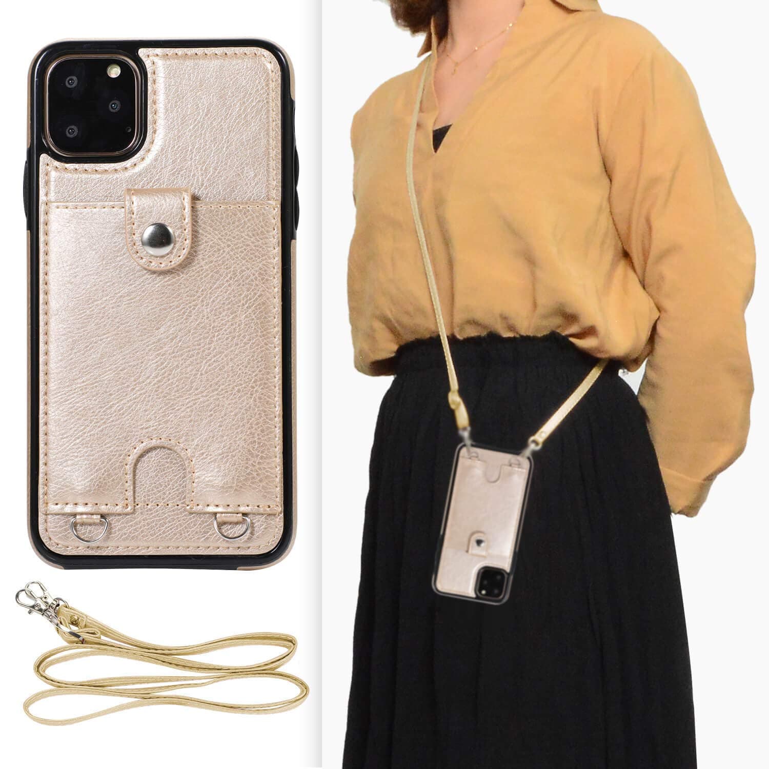 DEFBSC Lanyard Case for iPhone 11 Pro Max, Adjustable Crossbody Lanyard Strap, Premium PU Leather with Card Holder,Waterproof Protective Back Cover for iPhone 11 Pro Max 6.5 inch, Gold