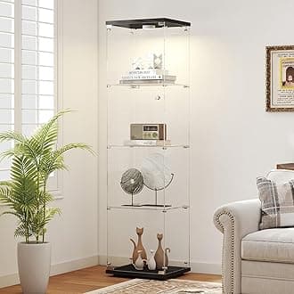 - Tempered Glass Display Cabinet with Lights, 4-Tier Curio Cabinet with Glass Doors and Lock, Glass Display Case for Collectibles, for Living Room, Office, Bedroom, Single Door, Black