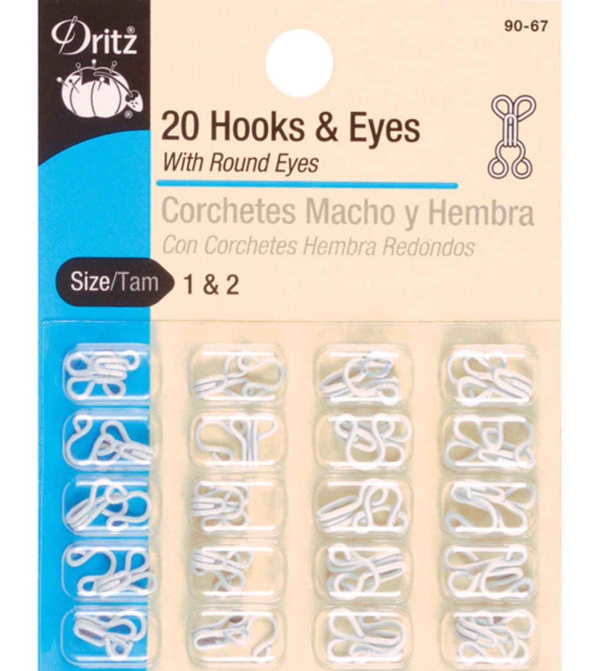 Hooks and Eyes, Size 1 and 2, White, 20 Count