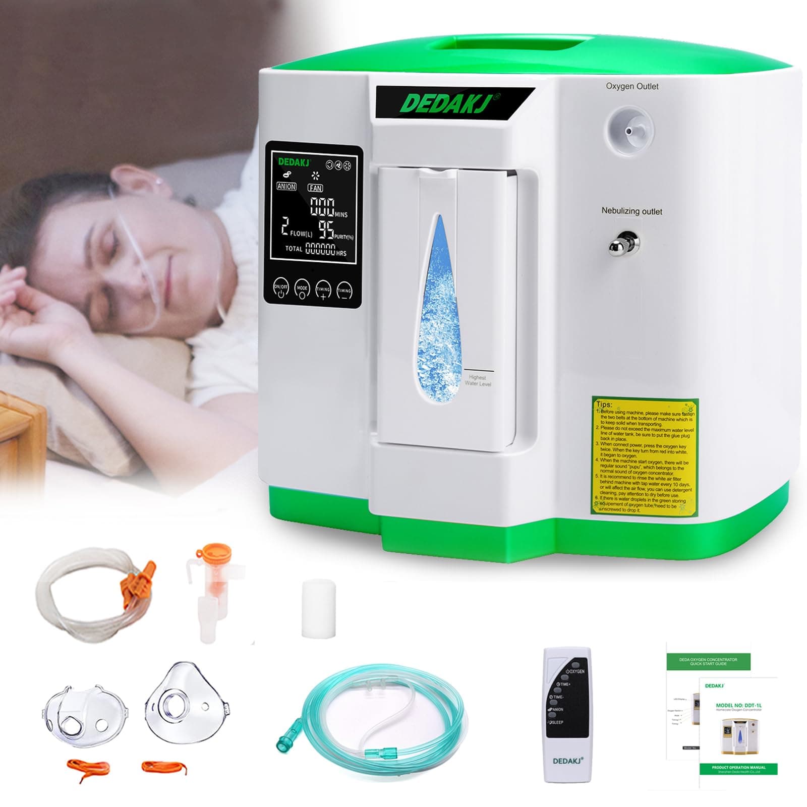 – DEDAKJ Oxygen Machine 2-9L / min, 30%-90%, with Remote Control, Atomise, Accumulated Time Adjustment for Home and Travel（2AW）