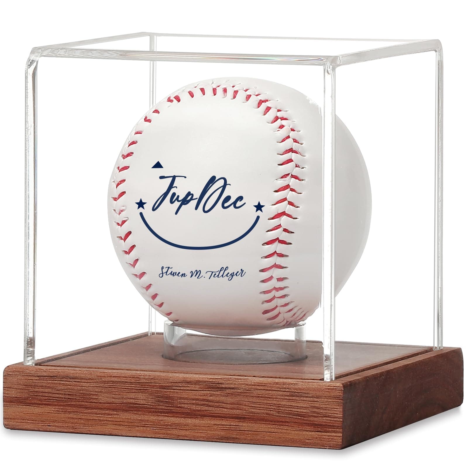 JupDec Baseball Display Case - Clear Cube Baseball Holder with Wooden Base, Autograph Stand Box for Single Ball, Acacia Wood, Brown, 1 Pack