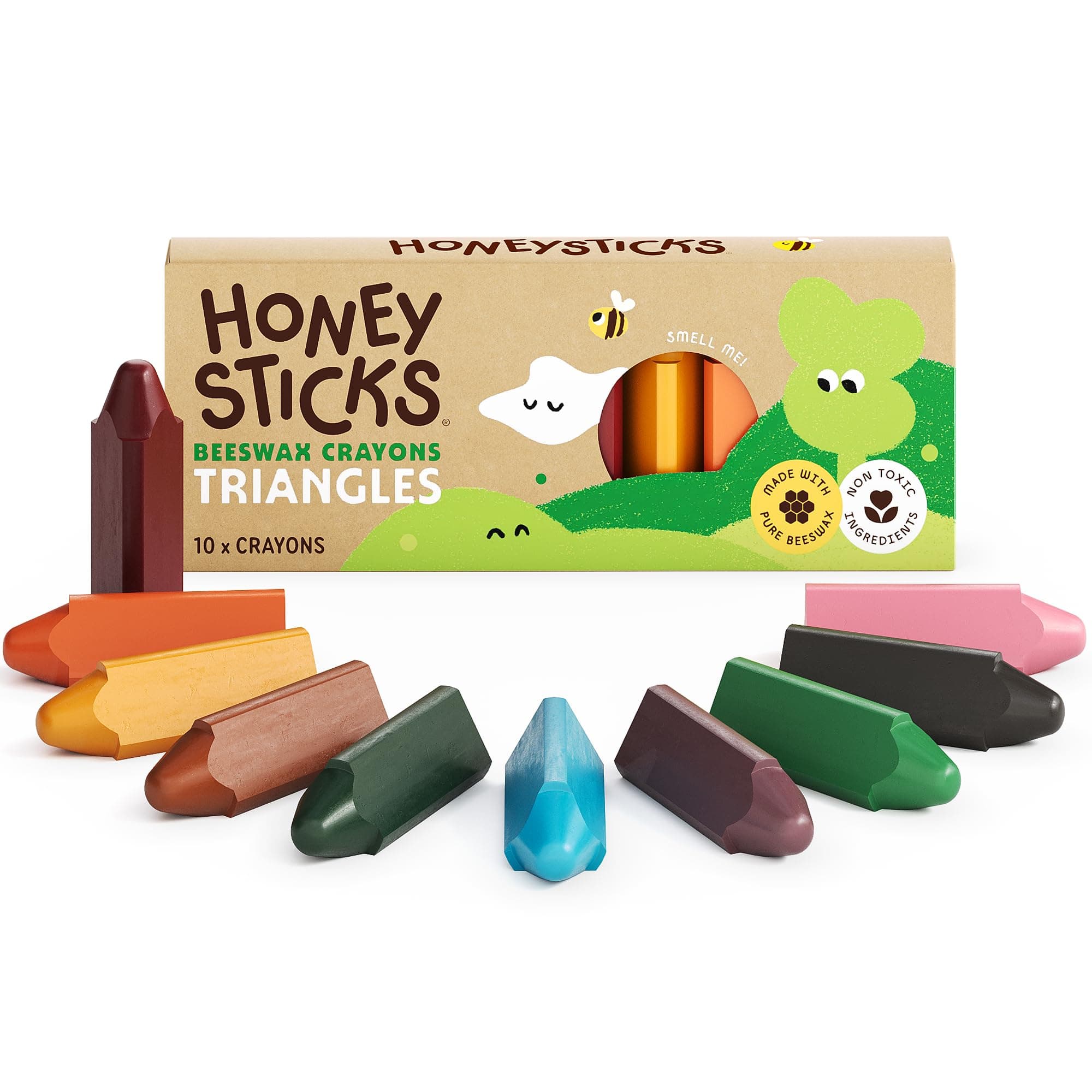 Triangular Crayons (10 Pack) - 100% Pure Beeswax, Food Grade Colors, Non Toxic Crayons for Baby, Toddlers ages 1-3, 2-4, Easy Grip Triangle Shape, Durable, Sustainably Made in New Zealand