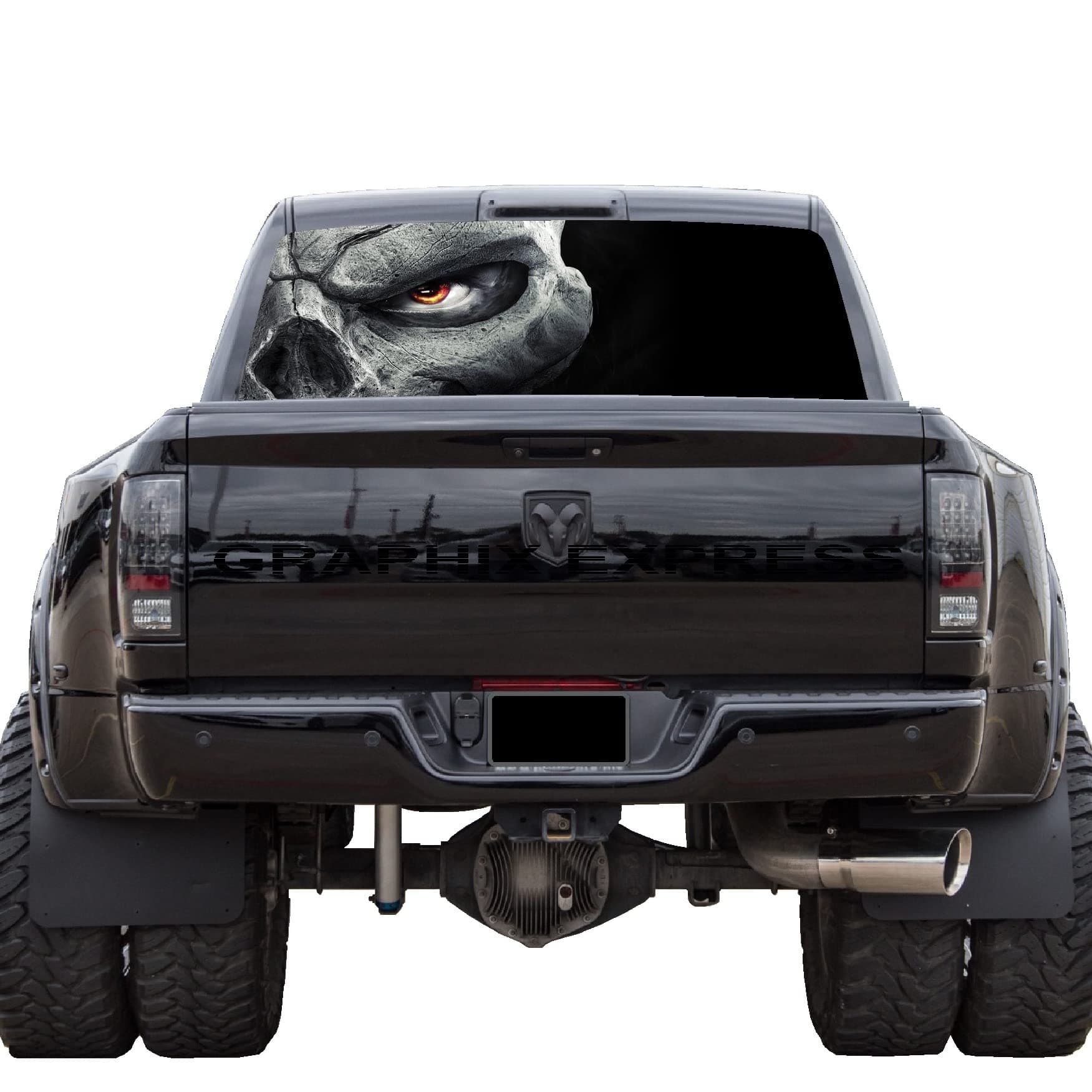 GRAPHIX EXPRESS Truck Back Window Graphics (P450 Skull) Universal See Through Rear Window Vinyl Wrap - Full Window Decals