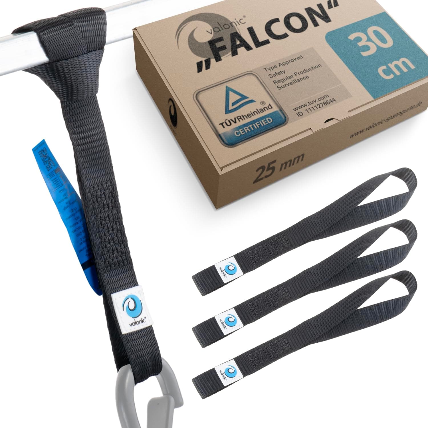 valonic FALCON - 4x soft loop tie down straps, 30cm, 25mm, 1000kg, TÜV Rheinl. certified, EN-12195-2 - black, for motorcycle handlebar, motorbike, roof rack