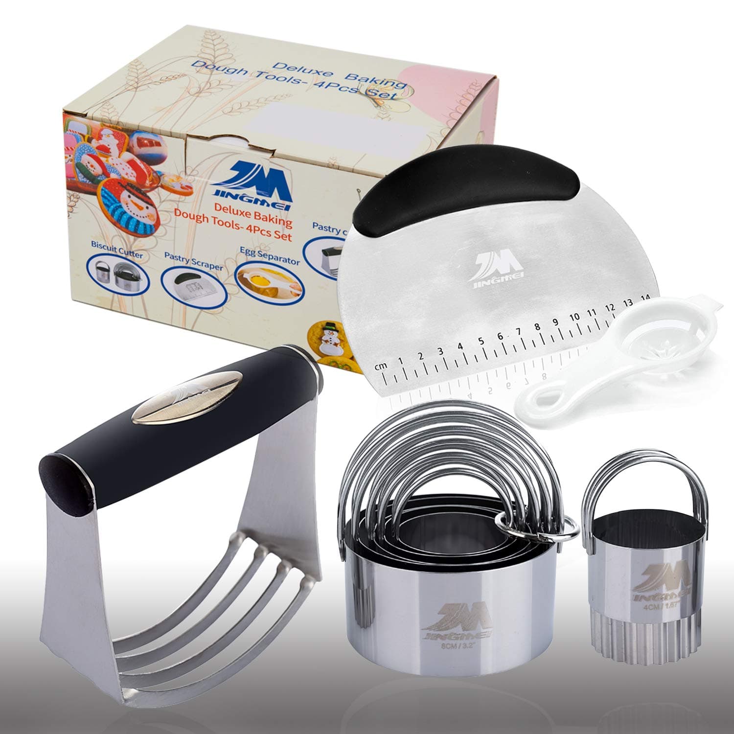 M JINGMEI Pastry Cutter Set Pastry Scraper Biscuit Cutter Set (5 Circle+1Fluted Edge) Dough Blender Mixer Cookie Cutters Round Baking Dough Tools Pastry Utensils Egg Separator Gift Package