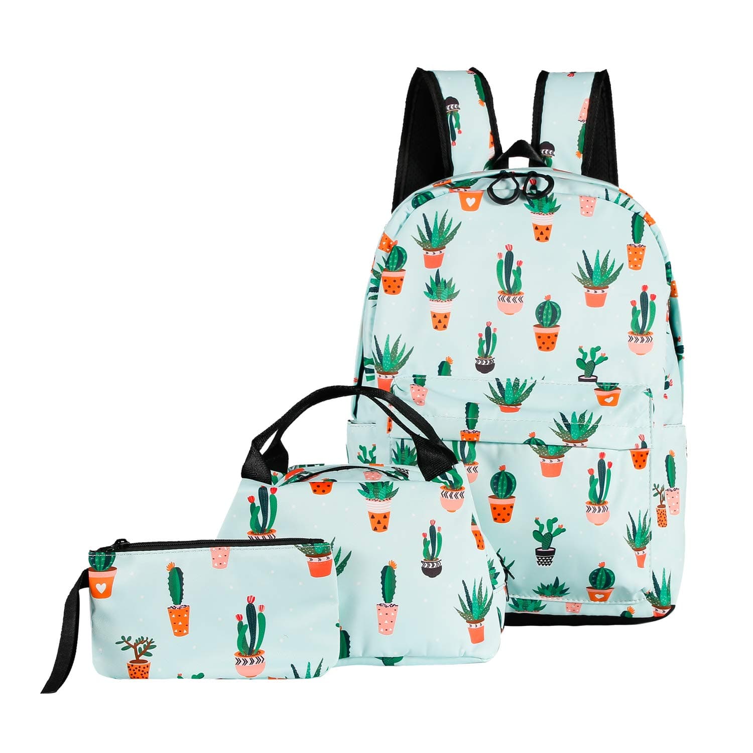 ABage 3pcs Backpack Set with Lunch Bag Clutch Purse, Lightweight Waterproof Laptop Bag Cute Travel Daypack, Green Cactus