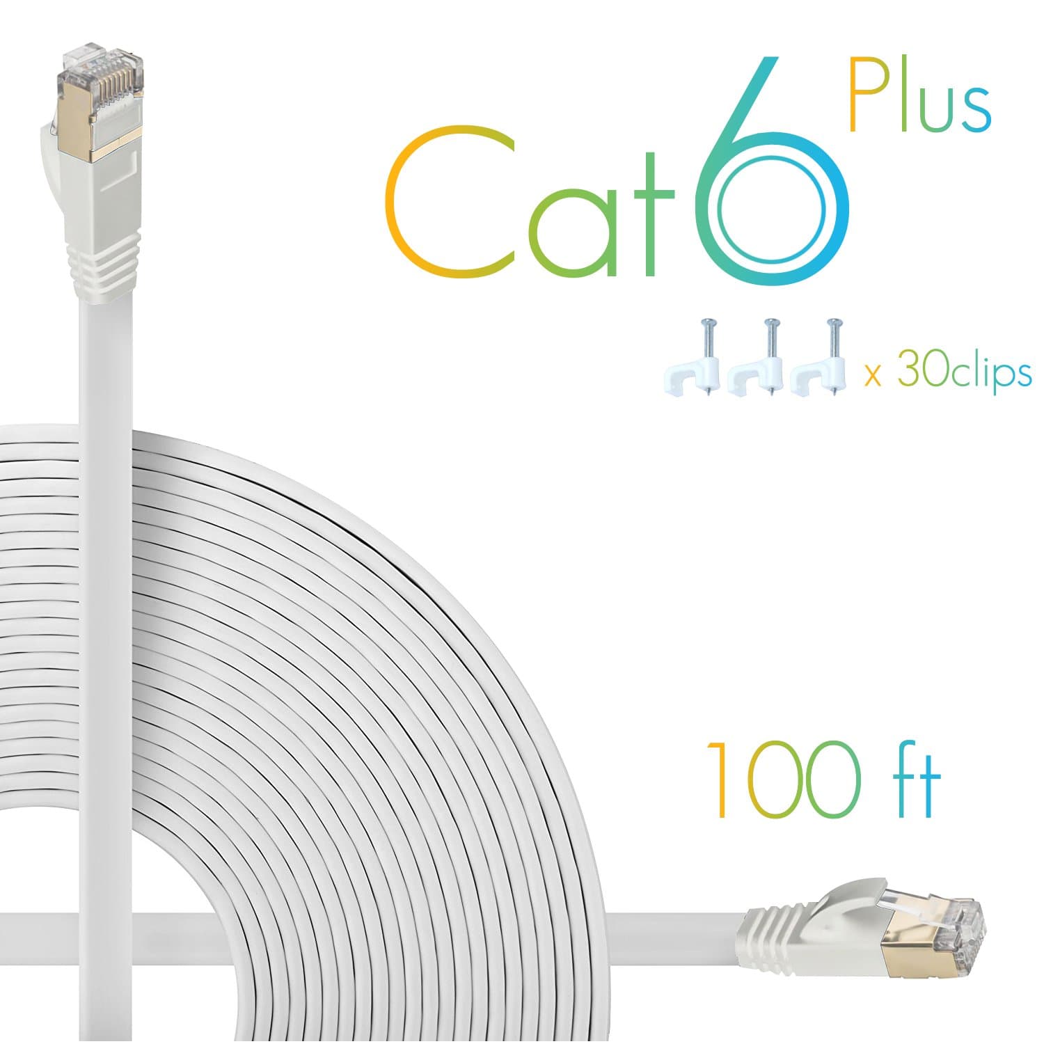Aoforz - Ethernet Cable Cat 6 100 ft - White Flat High Speed Internet Network Cable with Cable Clips - Computer Cable with Snagless Rj45 Connectors - 100 feet White (30 Meters)