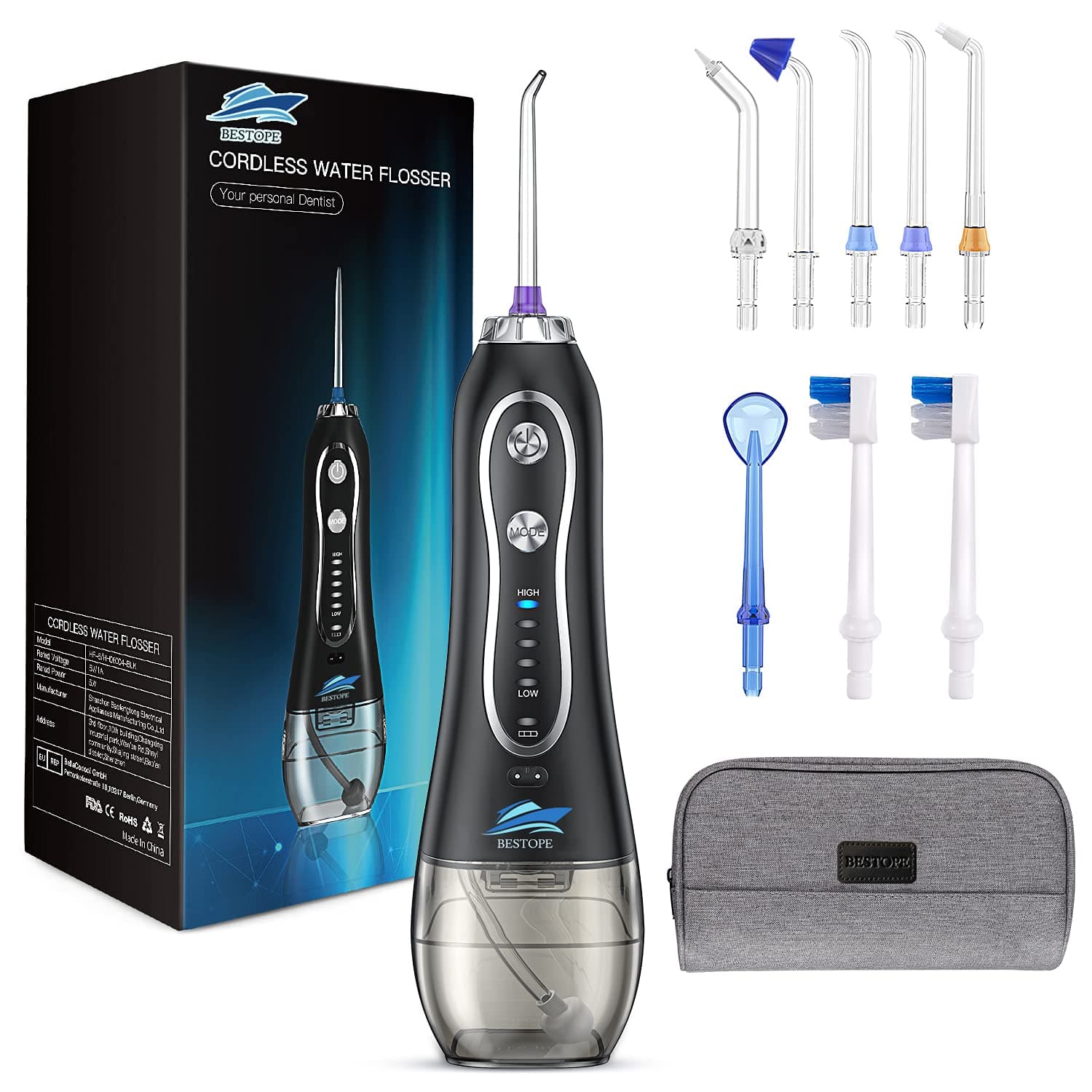 BESTOPE Dental Water Flosser 300ml | 5 Modes | 8 Replaceable Jet Tips |Cordless Rechargeable IPX7 Waterproof Teeth Cleaner