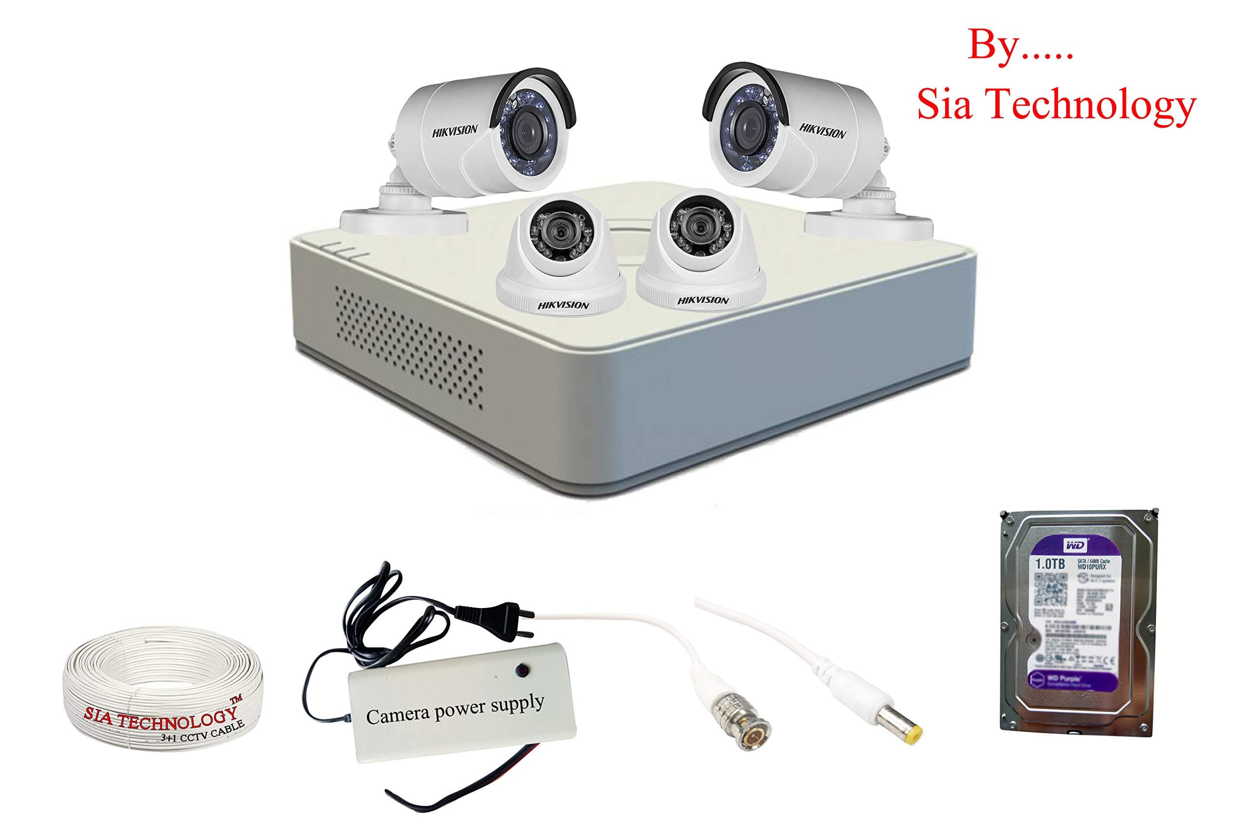 Sia Technology Hk Vision 4 Ch HD DVR & 2 Bullet 2 Dome HD Camera Combo kit, Include All Require Accessories