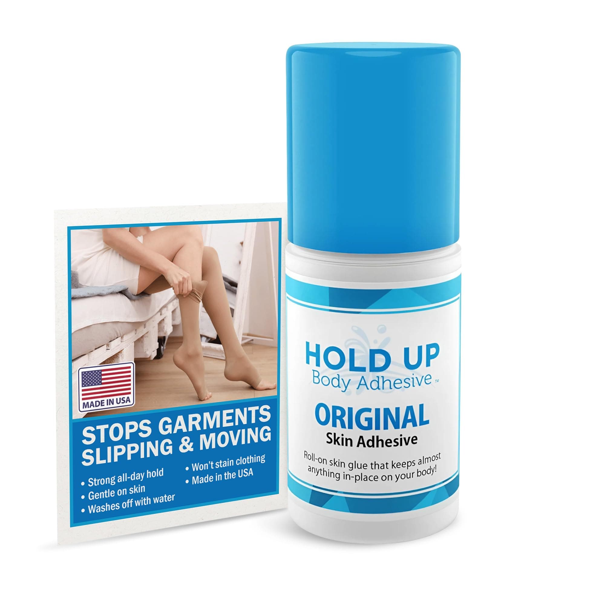 Hold Up Body Adhesive Original Roll-On – Body Glue for Dancers, Skin Adhesive for Compression Stockings, Sock Glue for Costumes, Lingerie, Cosplay, Fashion & Support Wear – 2 oz – Made in The USA