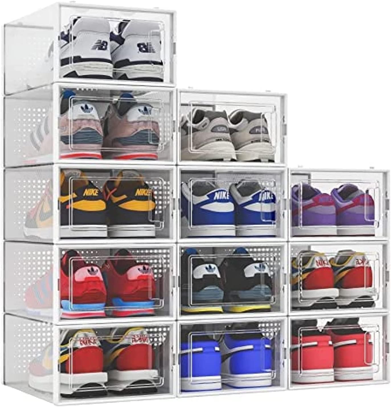 Seseno 12 Pack Shoe Organizer Storage Bins Clear Plastic Stackable Shoe Boxes for Closet, Space Saving Foldable Shoe Storage Case, Sneaker Storage Shoe Box Container