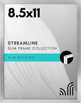 8.5x11 Picture Frame with Shatter-Resistant Glass - Streamline Collection - Thin Border Photo Frame for Tabletop and Wall Display - Hanging Hardware and Easel Stand Included - Silver